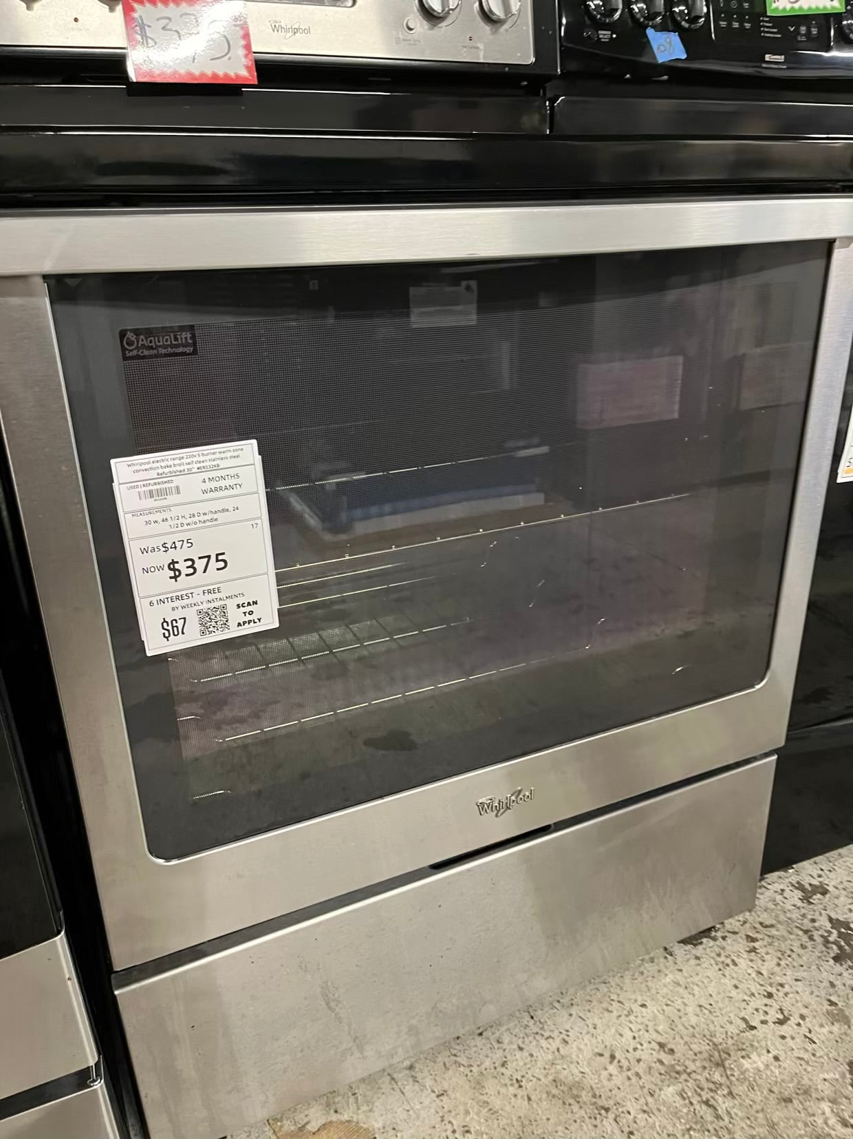 Whirlpool electric range 220v 5 burner warm zone convection bake broil self clean stainless steel Refurbished 30" #ER532KB