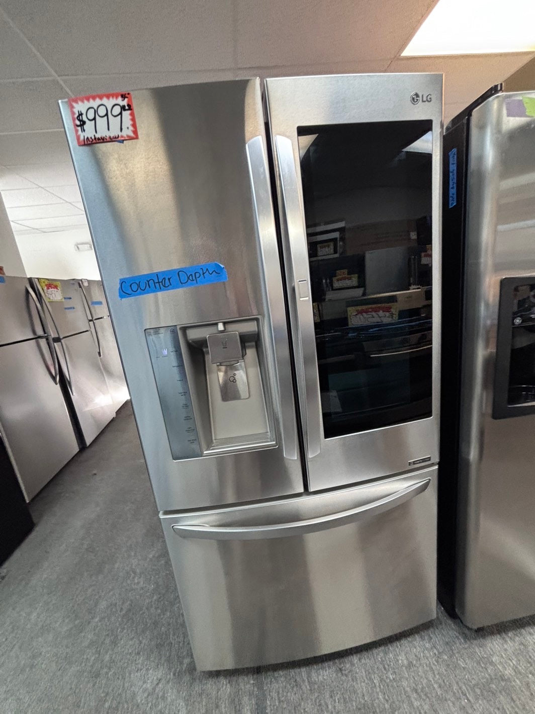 >LG french doors Refrigerator stainless steel instaview Showcase w/ ice & water dispenser 36" counter-depth used-refurbished #RF3HG9BL