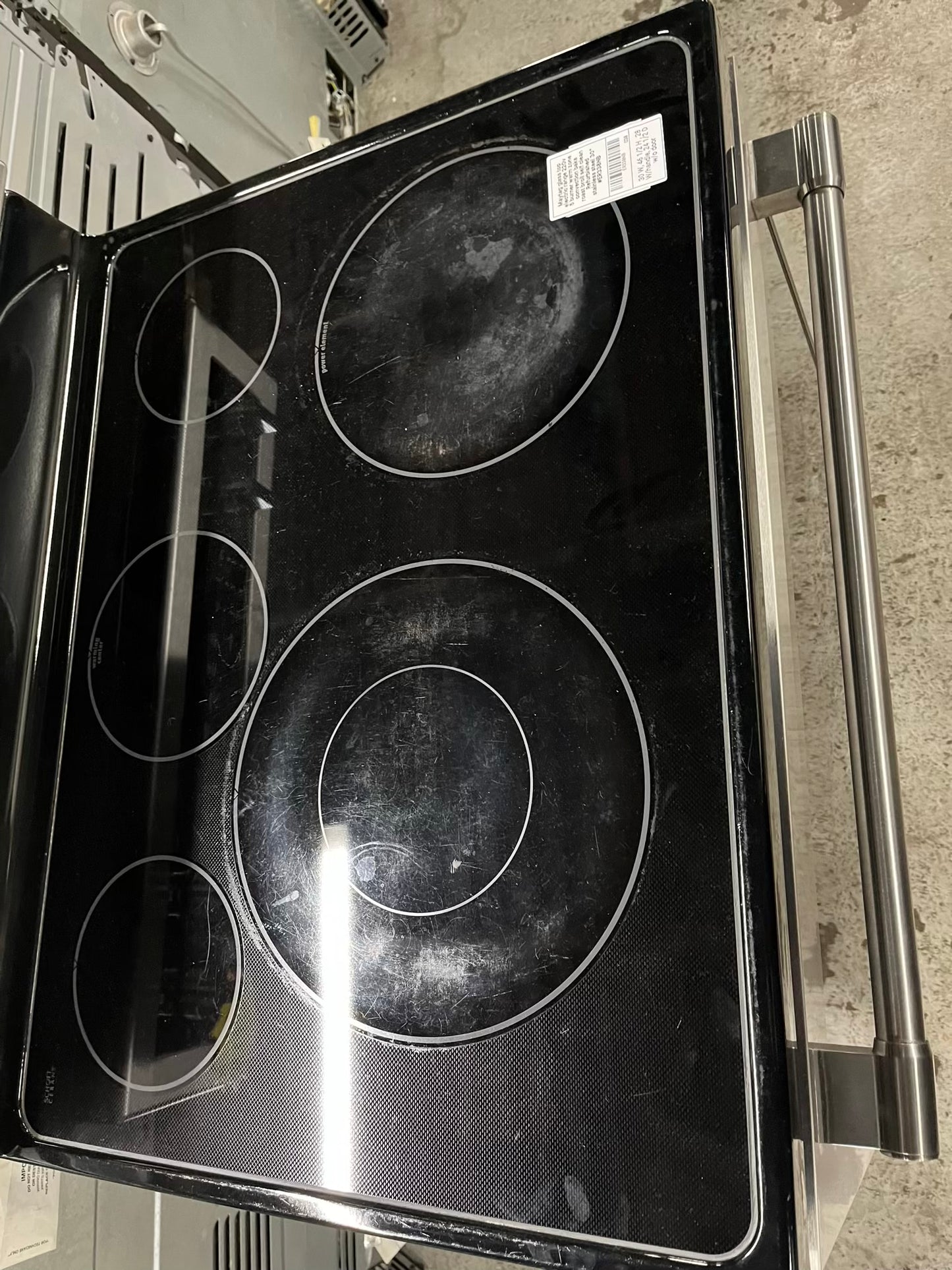 -Maytag glass top electric range 220v 5 burner warm zone convection bake roast broil self clean Refurbished stainless steel 30" #ER338NB
