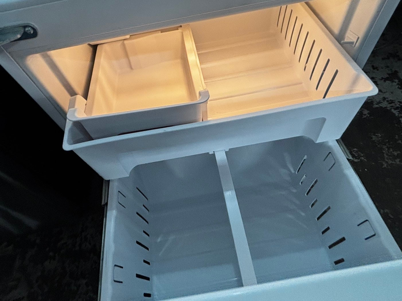 - KitchenIAd 30” wide French door Refrigerator white steel W/ice maker & water inside Used Refurbished #RFKW550L
