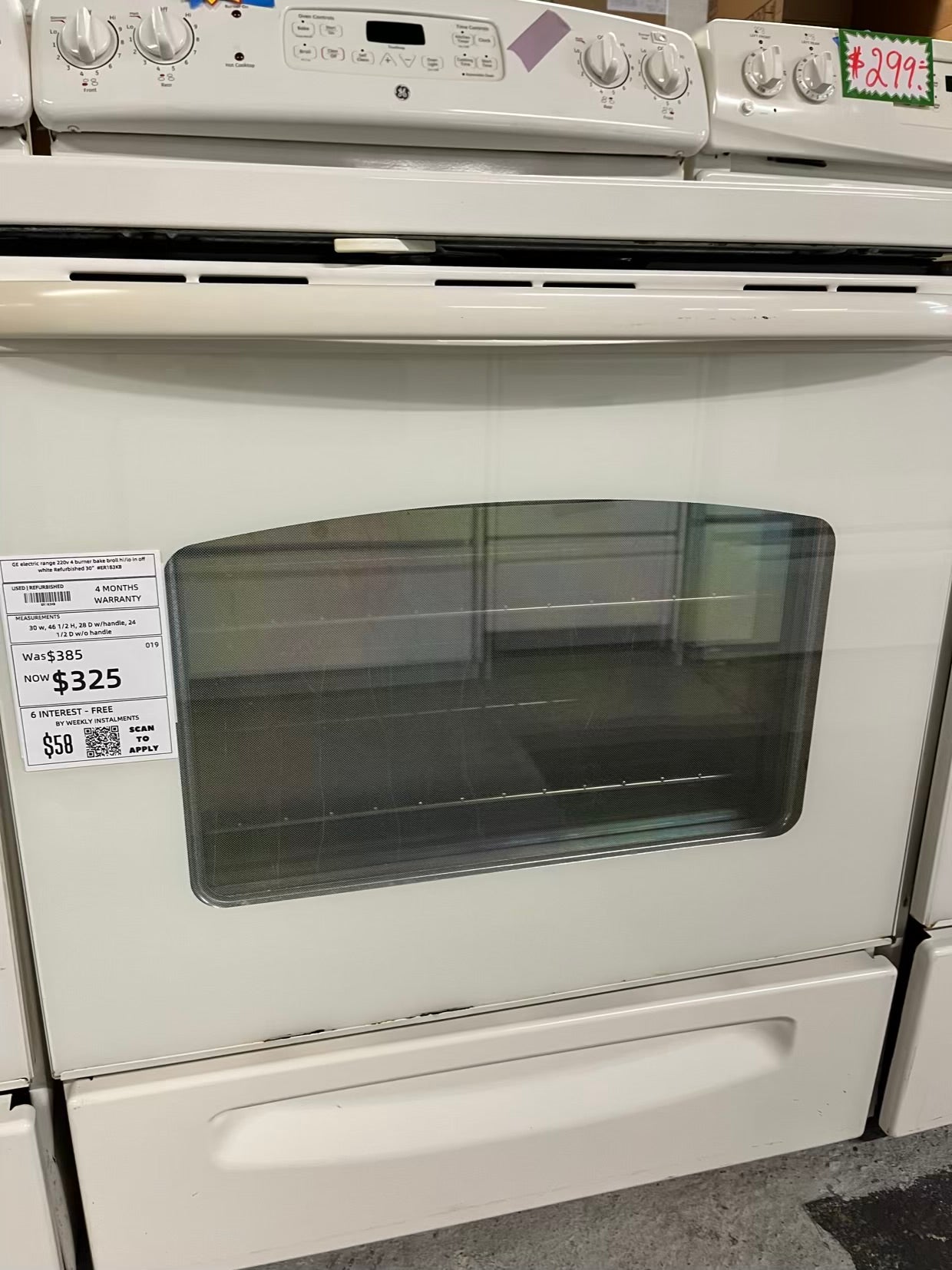 GE electric range 220v 4 burner bake broil hi/lo in off white Refurbished 30" #ER183KB