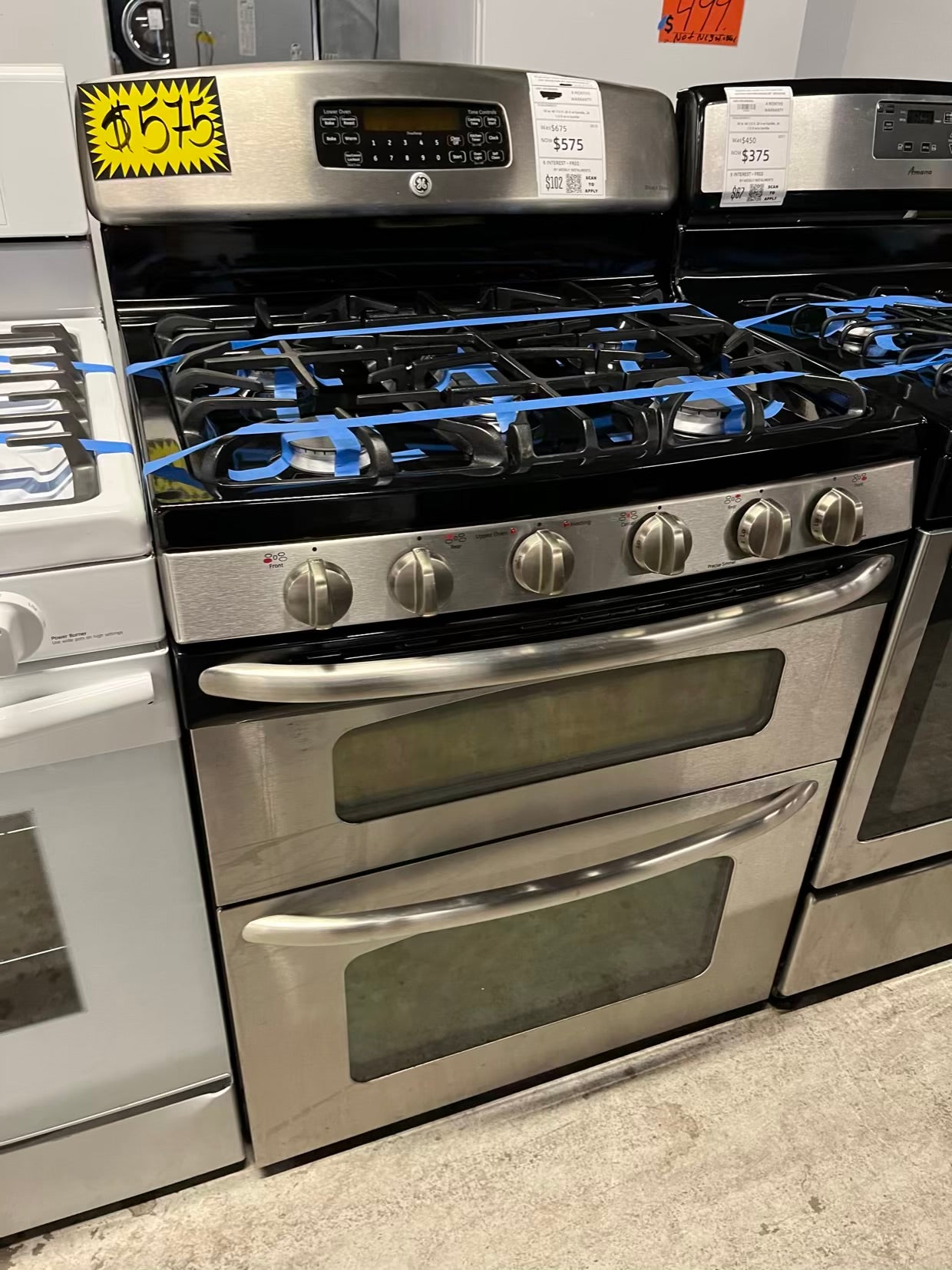 - GE gas range 5 burner double oven convection bake broil stainless steel self clean Refurbished 30" #GR208FB