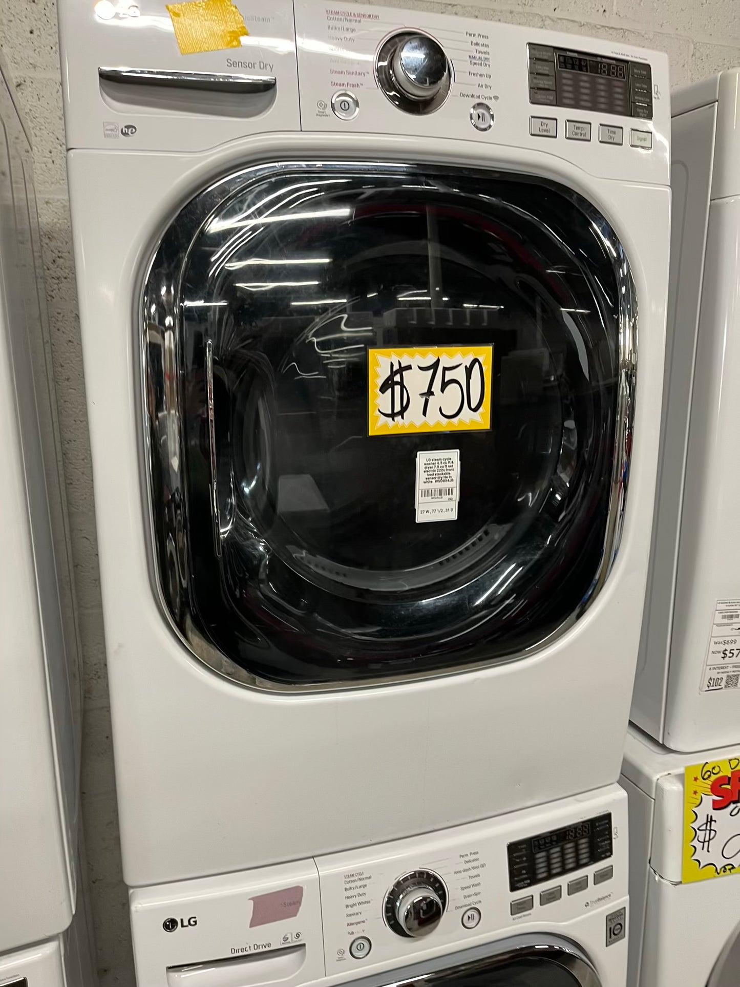 LG steam cycle washer 4.5 cu ft & dryer 7.5 cu ft set electric 220v front load stackable sensor dry He In white #WD854JB