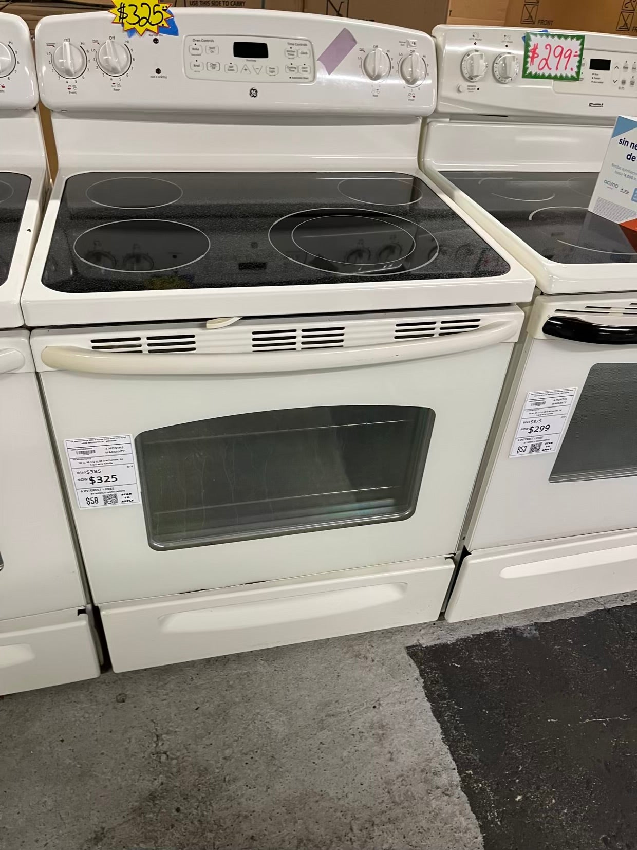 GE electric range 220v 4 burner bake broil hi/lo in off white Refurbished 30" #ER183KB