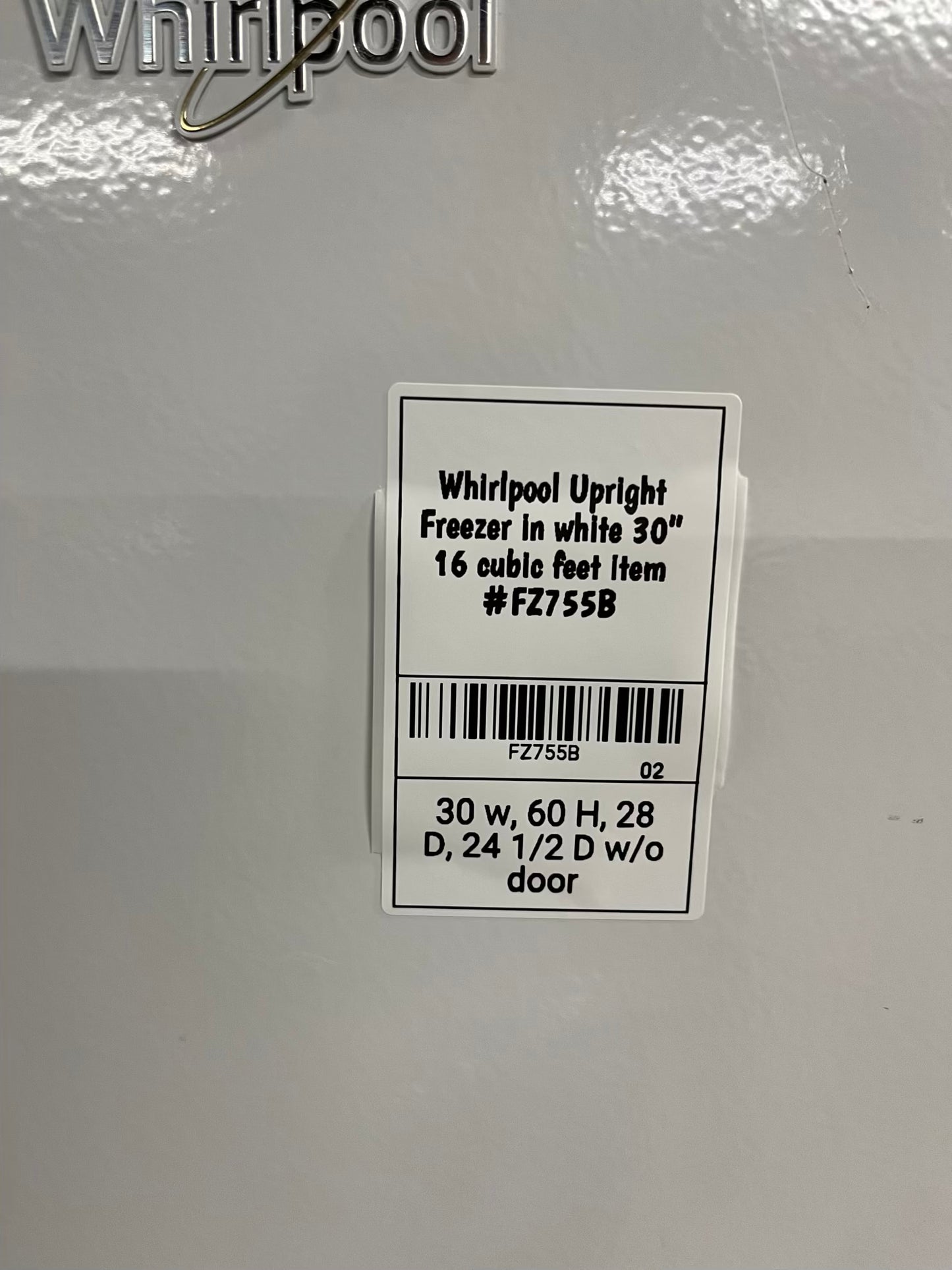 Whirlpool Upright Freezer in white 30" 16 cubic feet Item #FZ755B