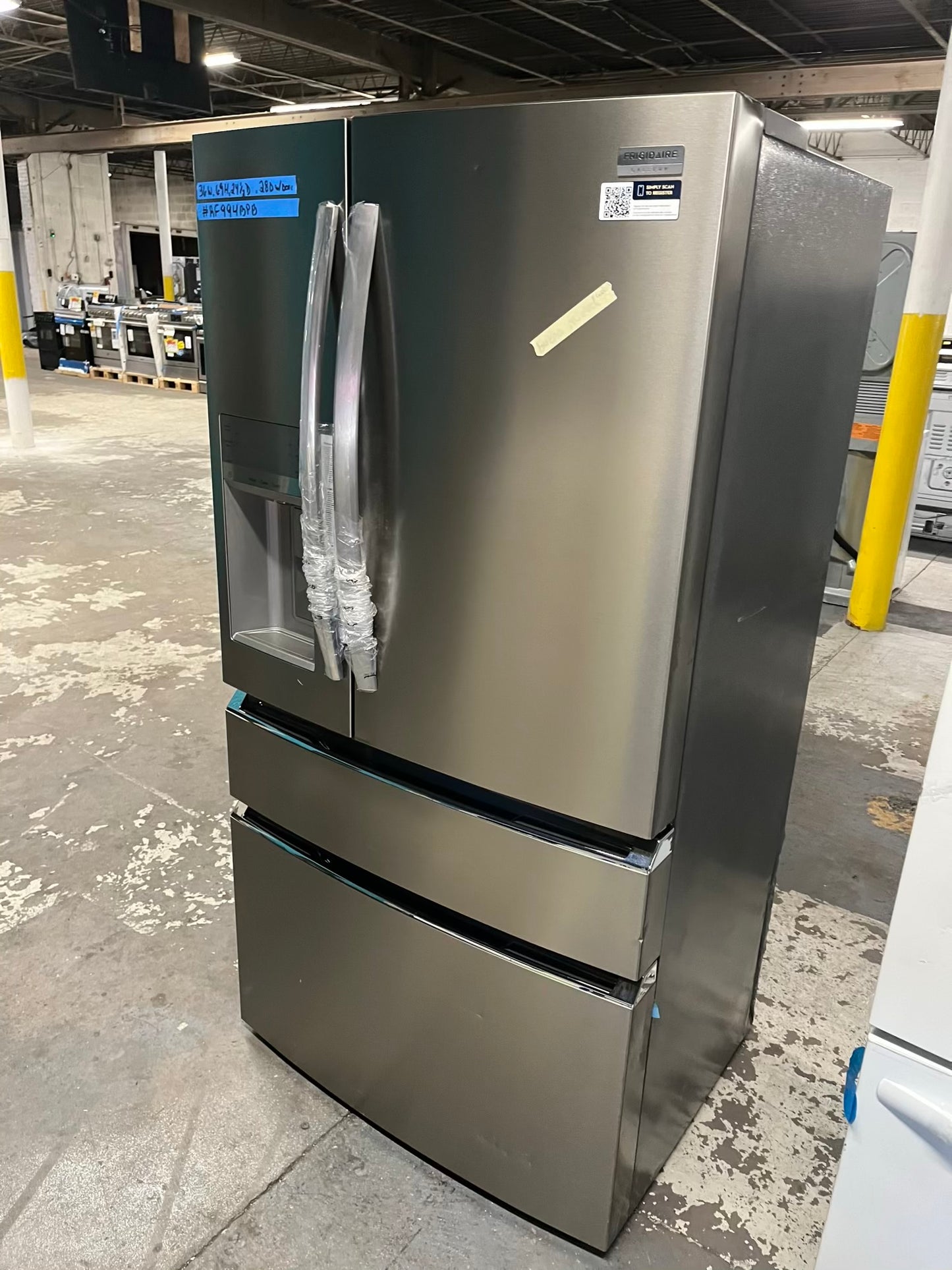 - Frigidaire Gallery four door refrigerator counter depth  stainless steel w/ice and water dispenser  used-refurbished 36”  #RF994BPB