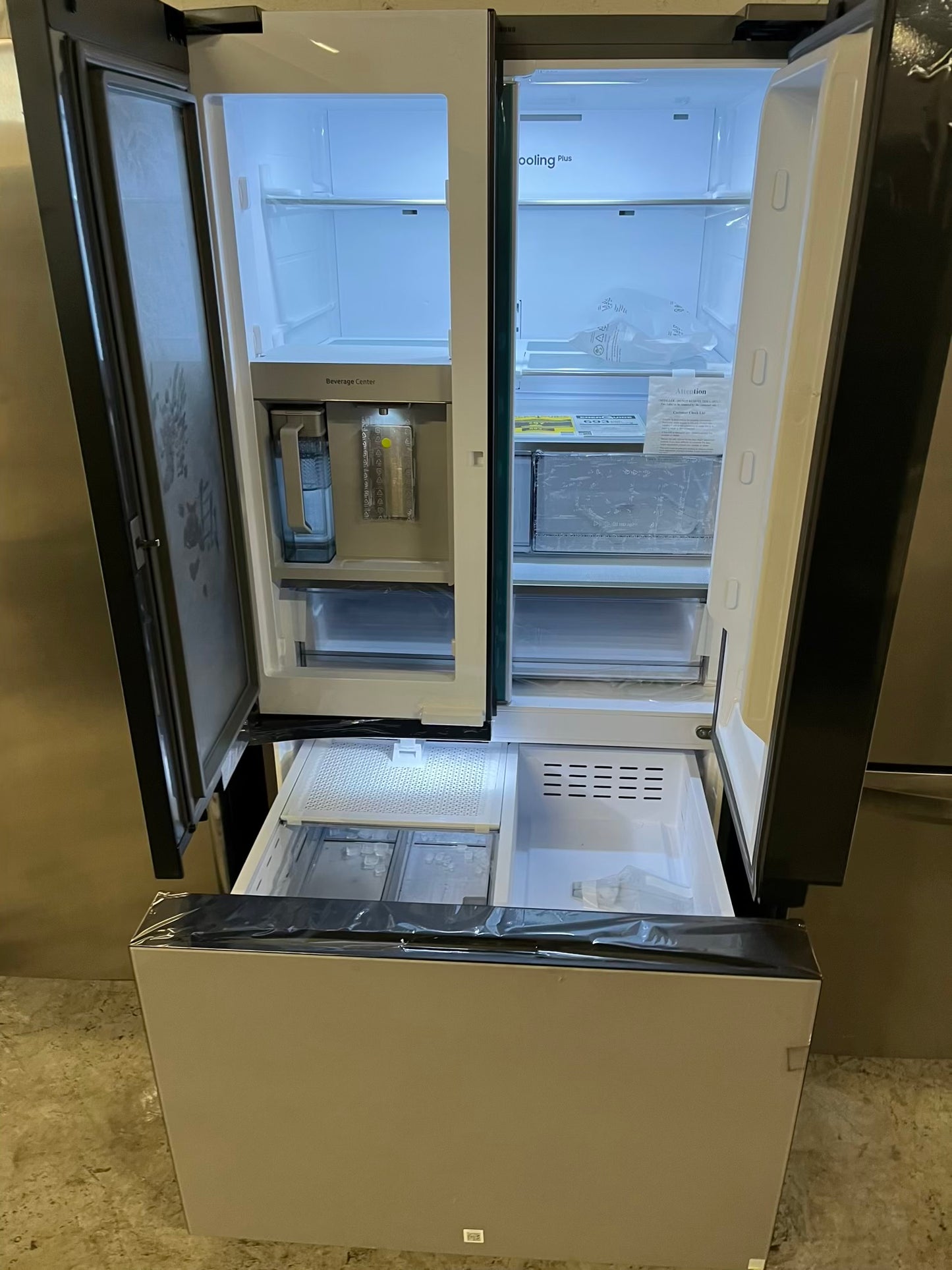 Open Box | Scratch & Dent - Samsung Bespoke 30 cu. ft. Standard Depth 3-Door French Door Smart Refrigerator with Family Hub in White Glass/Matt Grey Glass 36" #RF730JB-TR