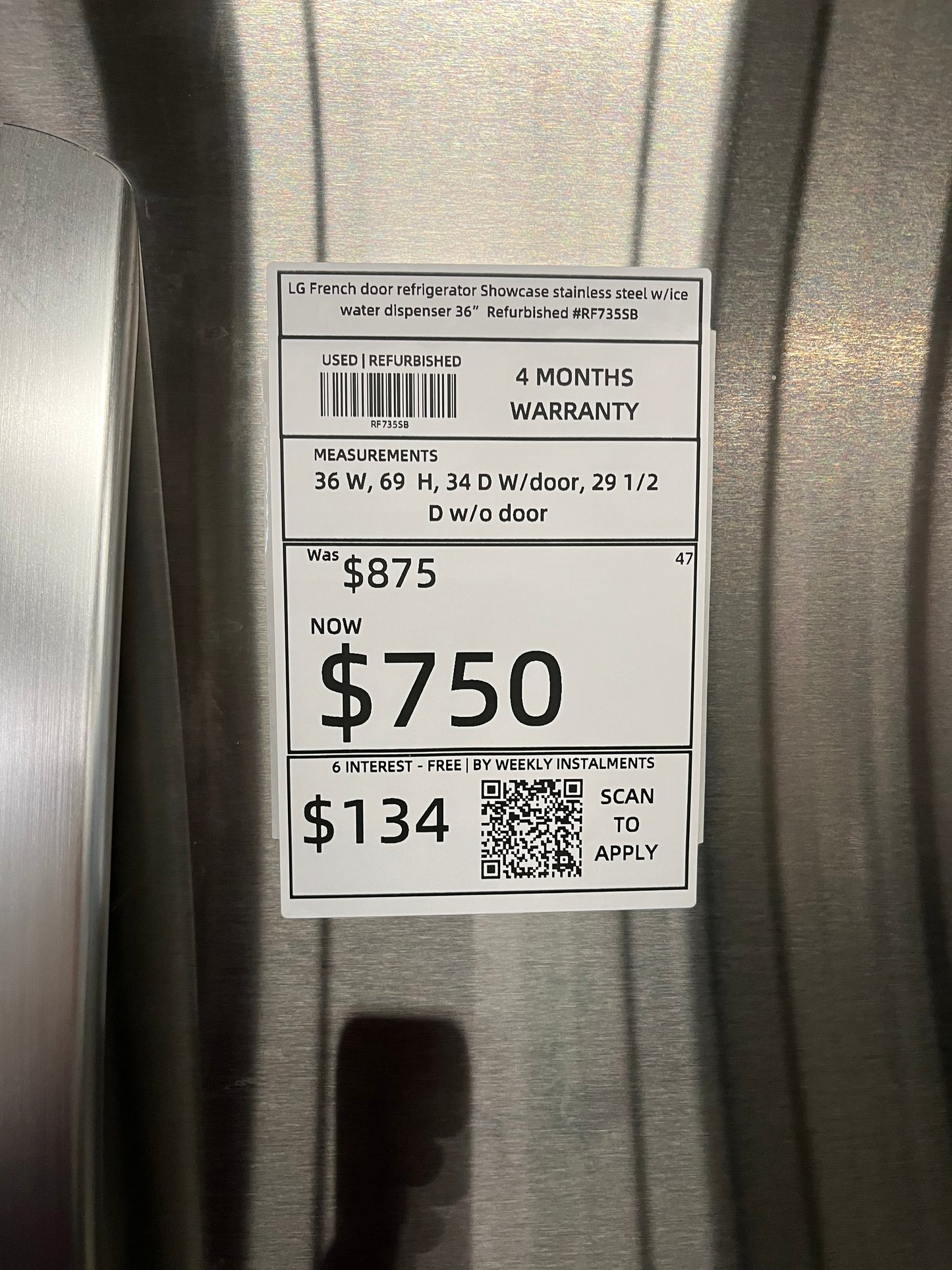 LG French door refrigerator Showcase stainless steel w/ice water dispenser 36" Refurbished #RF735SB