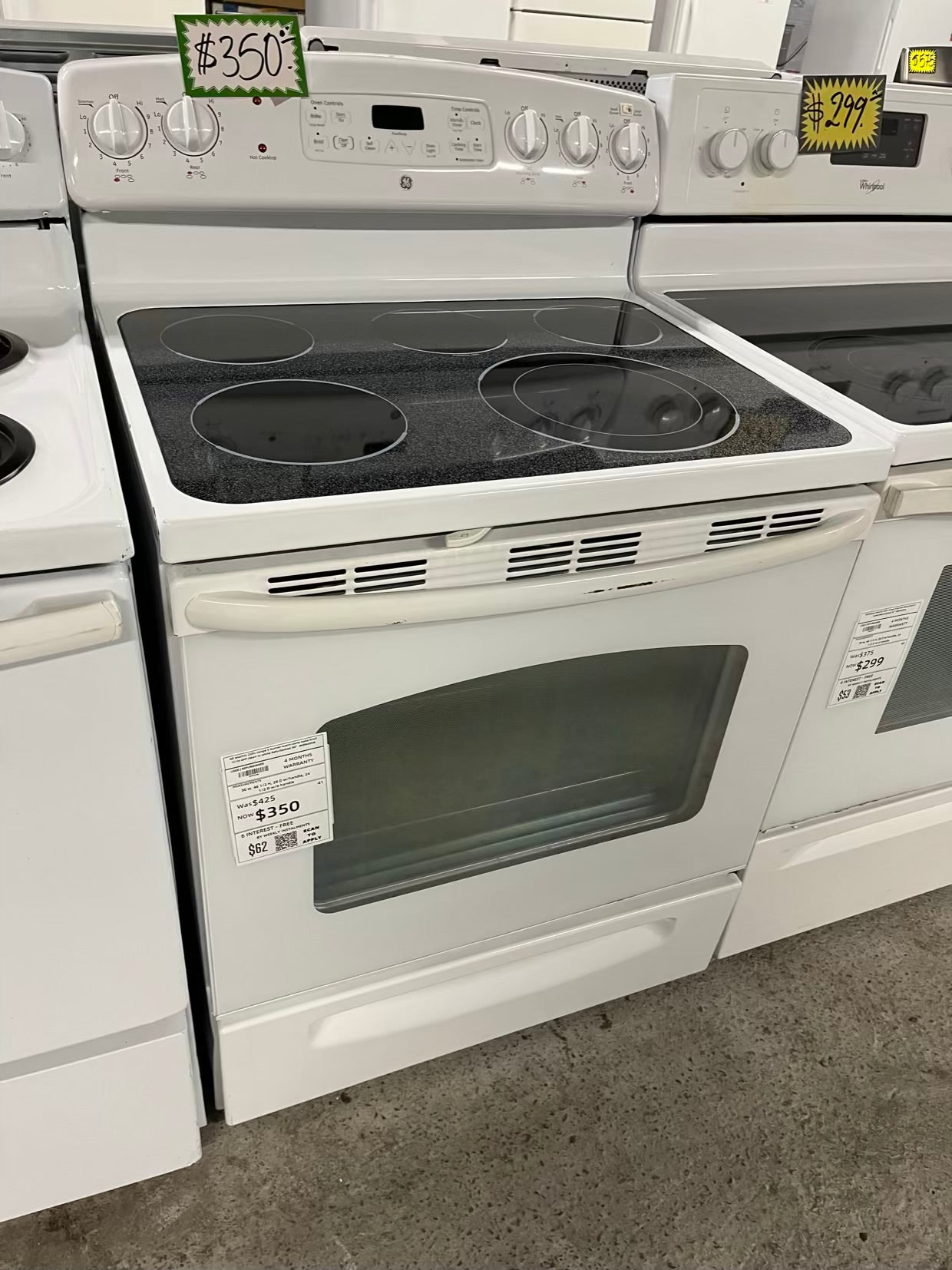 GE electric 220v range 5 burner warm zone bake broil hi/lo self clean in white Refurbished 30" #ER940NB