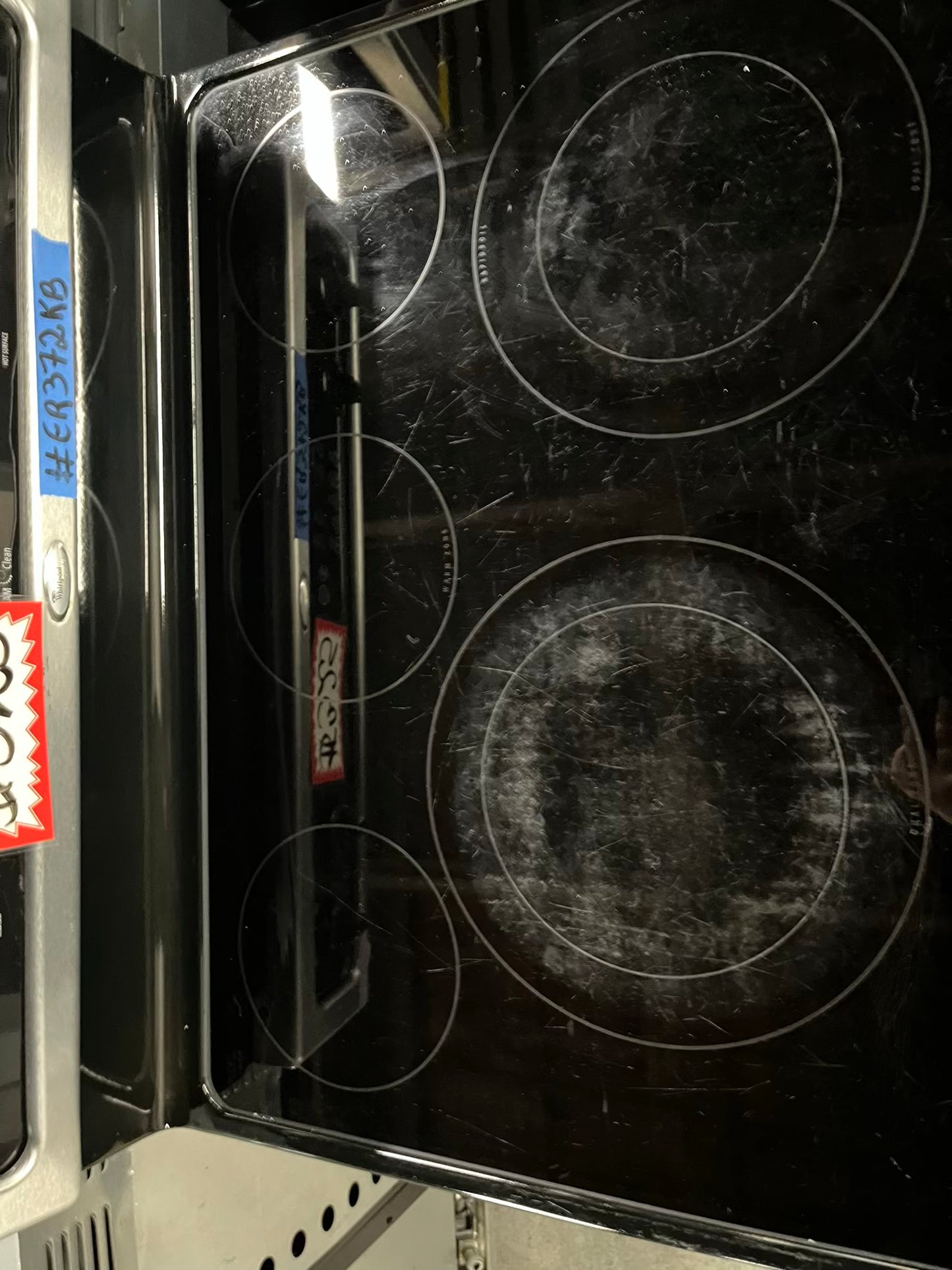 - Whirlpool glass top electric range 220v 5 burner warm zone convection bake broil steam clean Refurbished stainless steel 30" #ER372KB