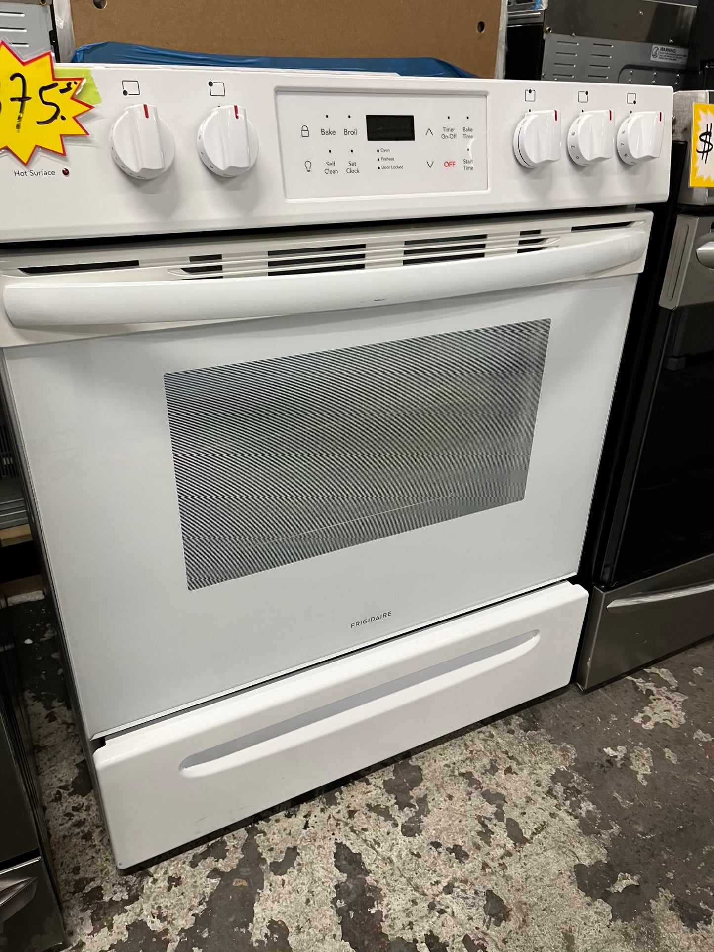 -Frigidaire slide in Glass top electric 220v range 5 burner warm zone bake broil self clean in white 30" Refurbished #ER749JB-TR
