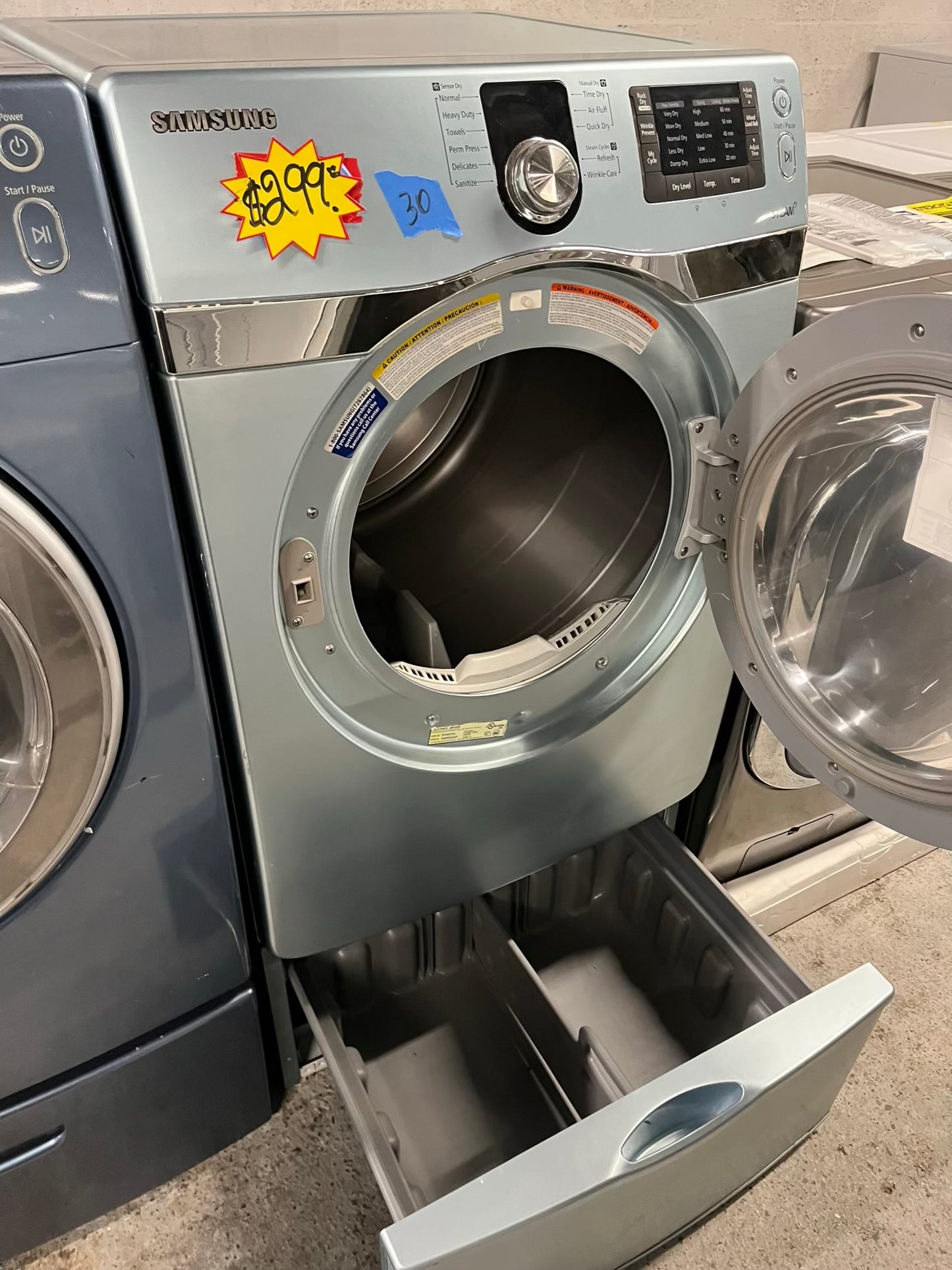 Samsung Dryer electric 220v in red front load w/pedestal extra storage stainless steel drum large capacity 27" refurbished #ED348VB