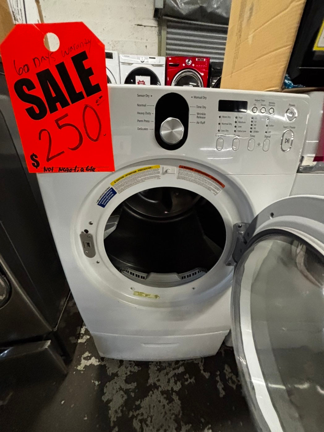 -Samsung Dryer electric 220v in white front load w/pedestal extra storage stainless steel drum large capacity 27" refurbished #ED3113VB