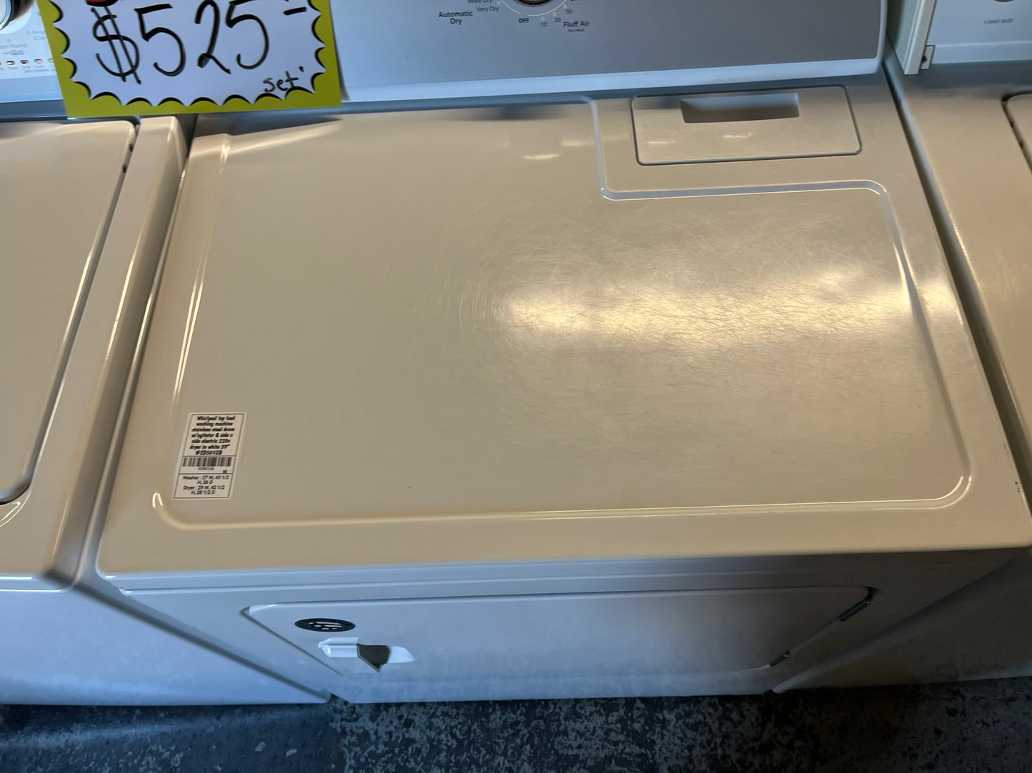 Whirlpool top load washing machine stainless steel drum w/agitator & side x side electric 220v dryer in white 29" #ED501UB