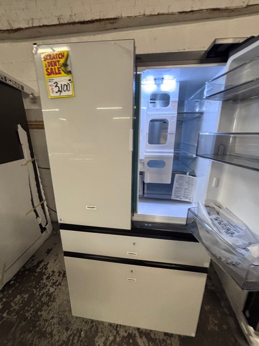 > new open box 📦 Samsung Bespoke 29 cu. ft. Standard Depth 4-Door French Door Refrigerator in White Glass with Family Hub #RF29W4XL