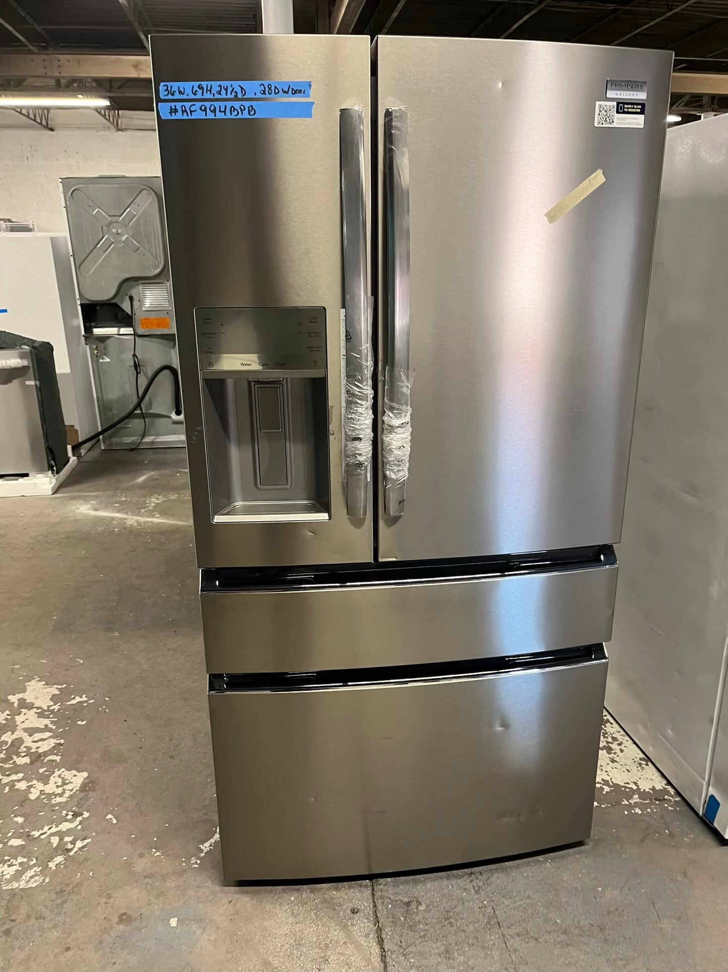 - Frigidaire Gallery four door refrigerator counter depth  stainless steel w/ice and water dispenser  used-refurbished 36”  #RF994BPB