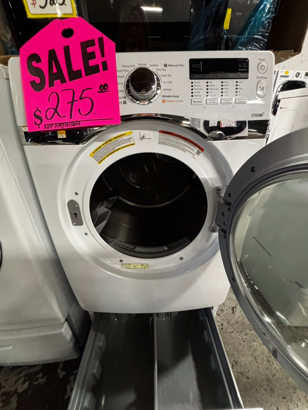-Samsung Dryer steam electric 220v in white front load w/pedestal extra storage stainless steel drum large capacity 27" refurbished #ED3233VB