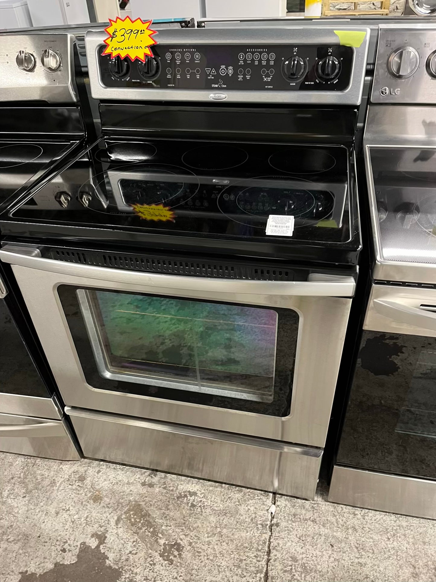 Whirlpool Glass top electric 220v range 5 burner warm zone convection bake broil steam clean stainless steel 30" Refurbished #ER748KB