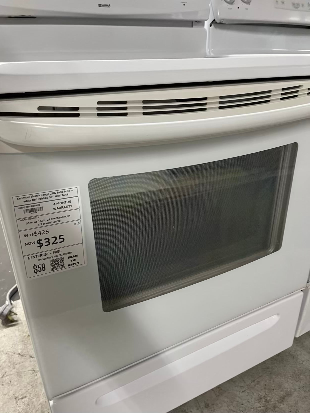 Kenmore electric range 220v bake broil in white Refurbished 30" #ER174HB