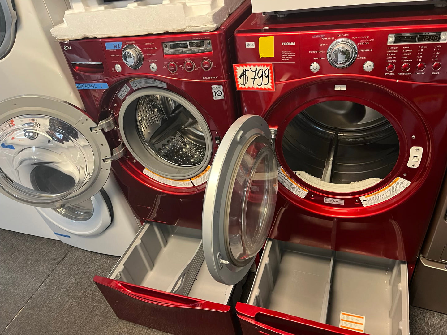 - LG front load washer & dryer set electric 220v large capacity w/pedestal extra storage in red 27” #WD783NL