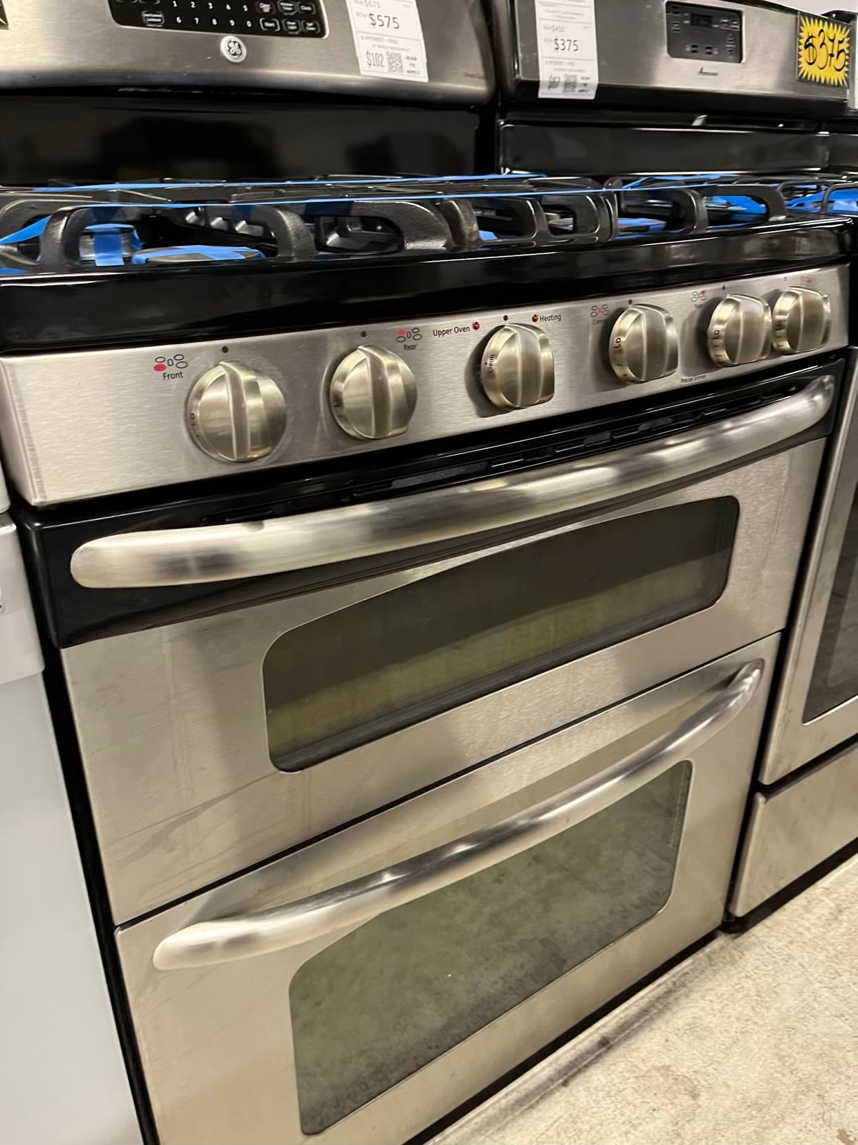 - GE gas range 5 burner double oven convection bake broil stainless steel self clean Refurbished 30" #GR208FB