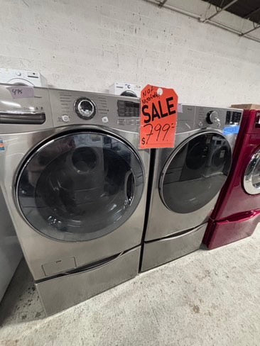 >LG front load washer & dryer set electric 220v large capacity with pedestals in stainless steel 27” #ELY3XB