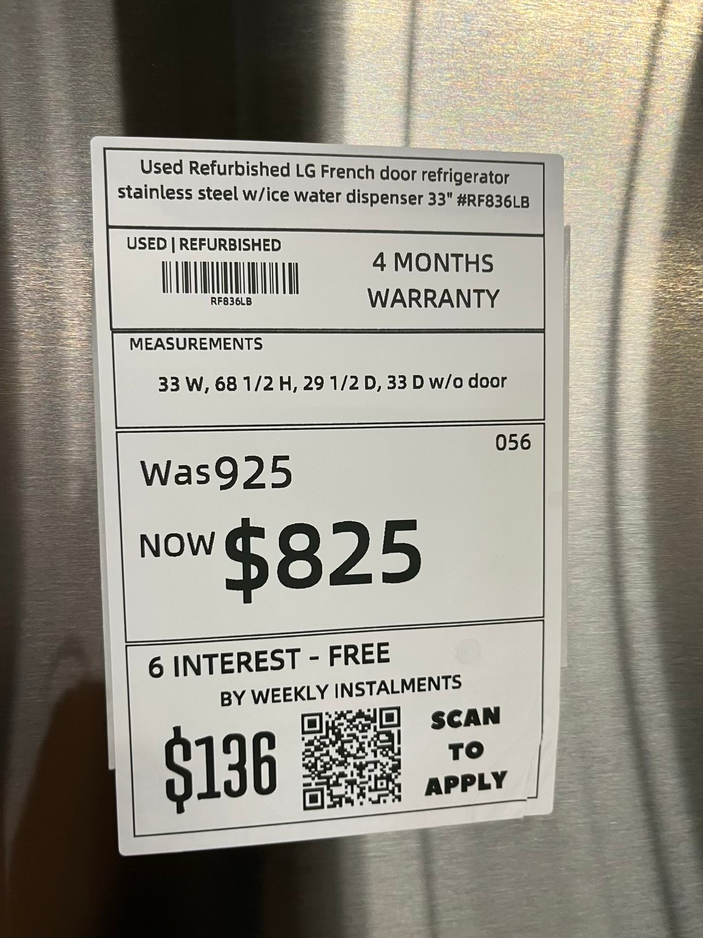 Used Refurbished LG French door refrigerator stainless steel w/ice water dispenser 33" #RF836LB-TR