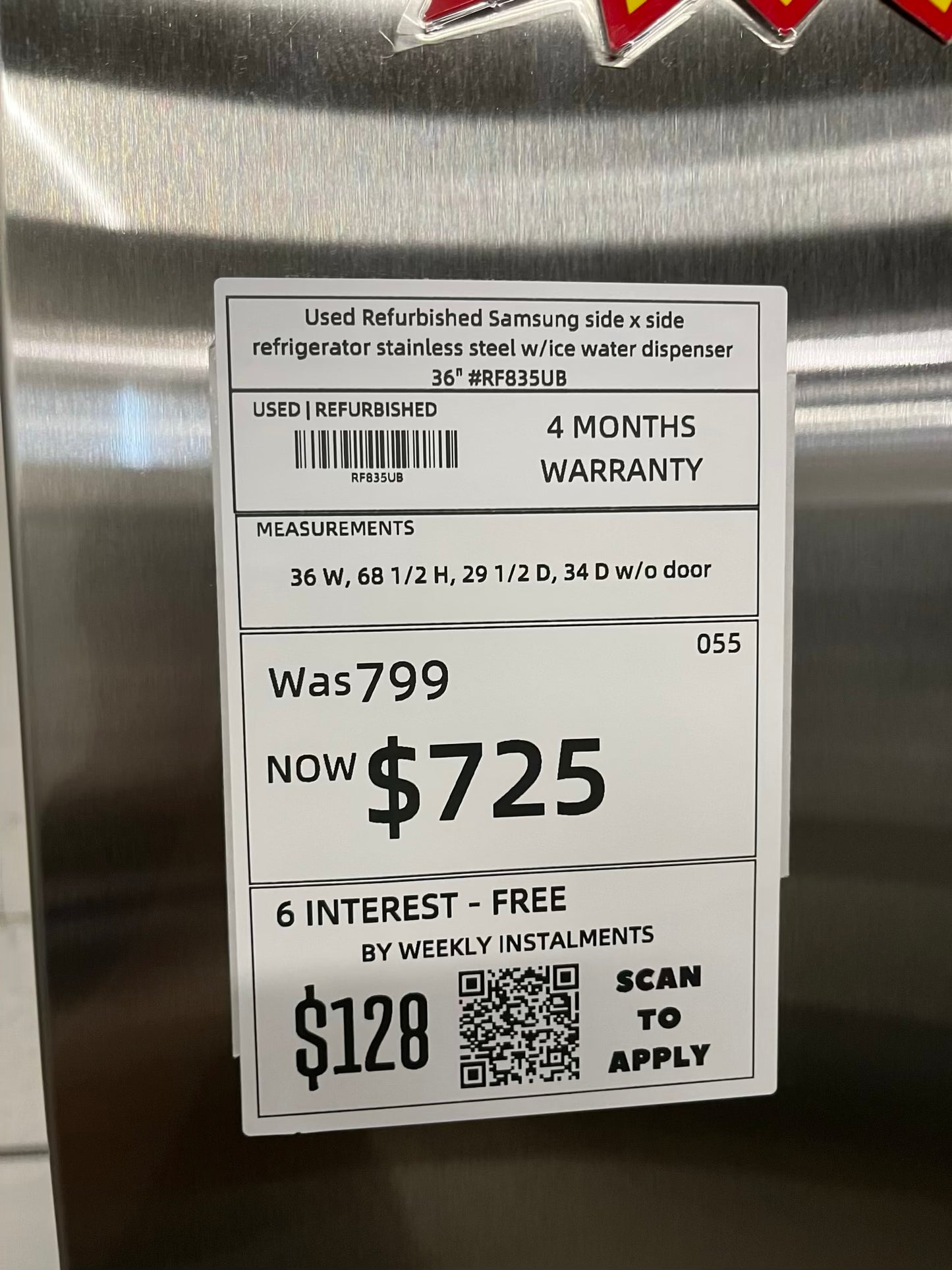 Used Refurbished Samsung side x side refrigerator stainless steel w/ice water dispenser 36" #RF835UB-TR