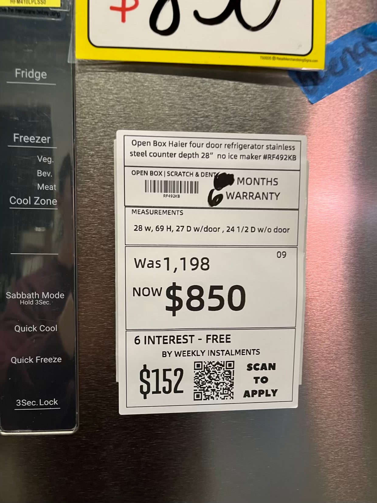 Open Box Haier four door refrigerator stainless steel counter depth 28" no ice maker #RF492KB