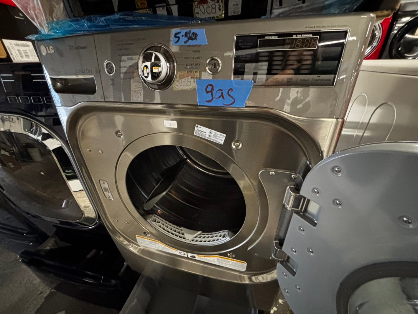 LG gas steam Dryer 29” mega capacity -gray front load w/pedestal extra storage stainless steel drum large capacity used- refurbished #GD339WB