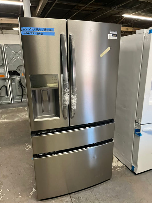 - Frigidaire Gallery four door refrigerator counter depth  stainless steel w/ice and water dispenser  used-refurbished 36”  #RF994BPB