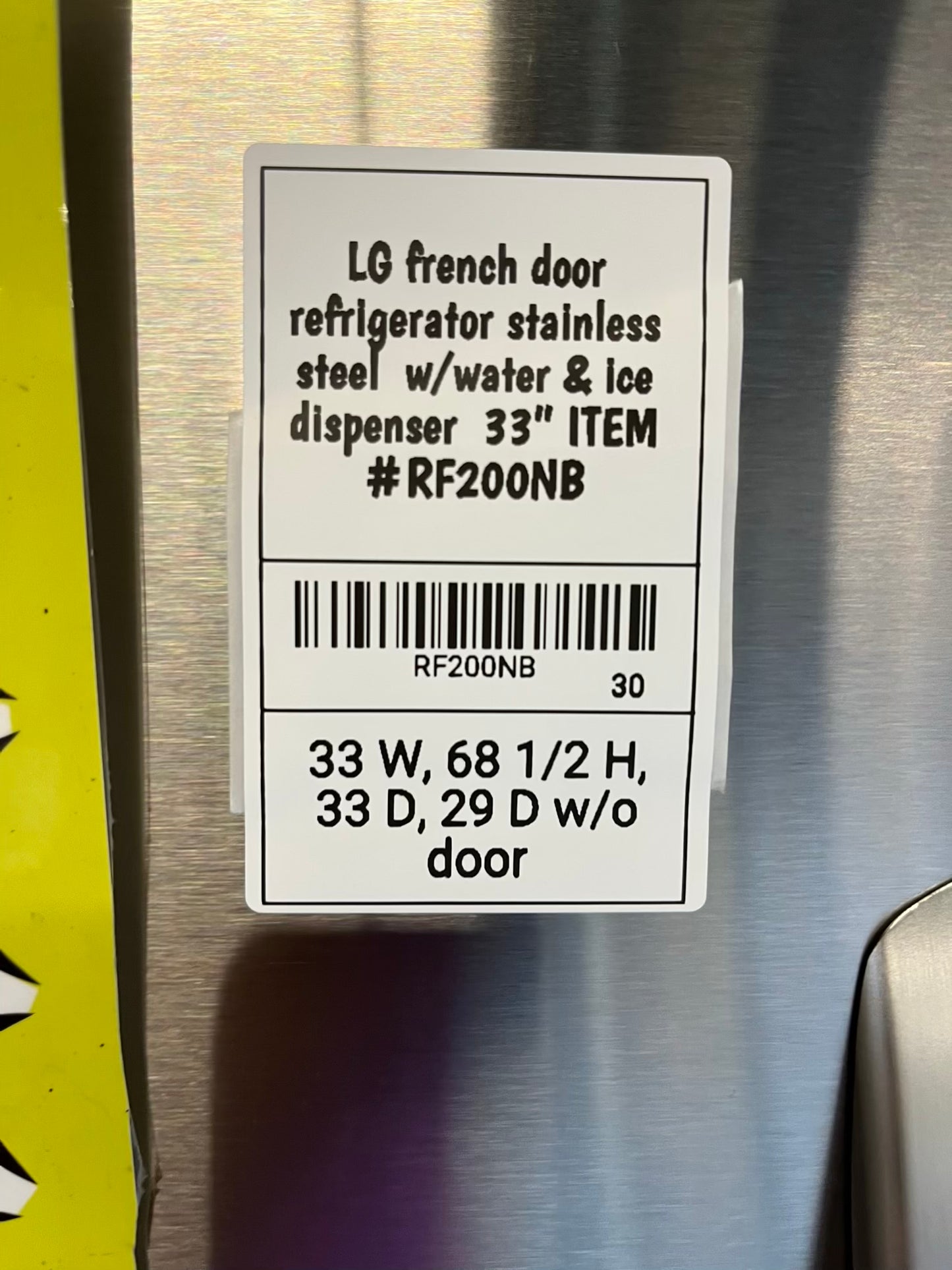 LG french door refrigerator stainless steel w/water & ice dispenser 33" ITEM #RF200NB
