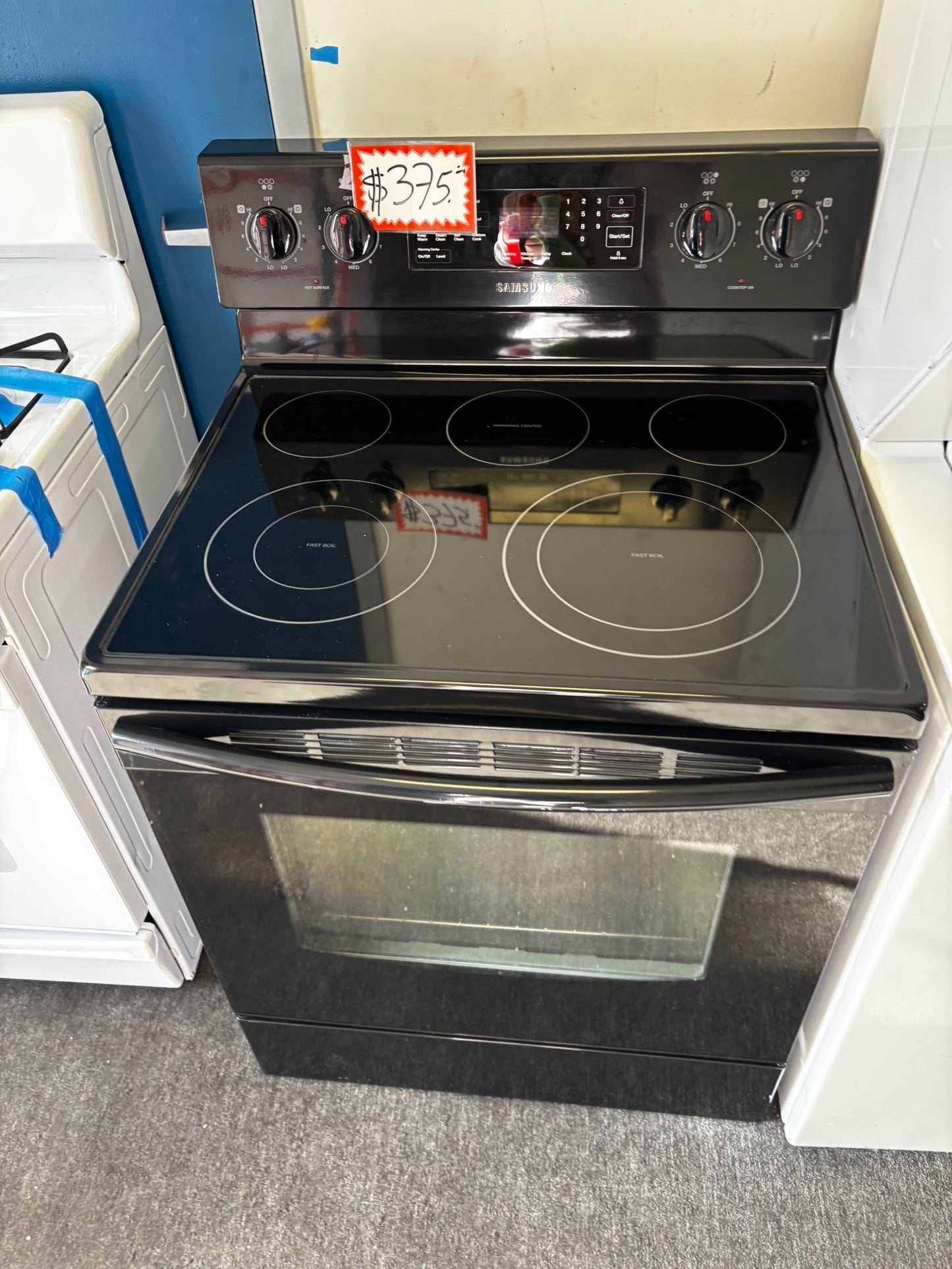 Samsung glass top electric range 220v 5 burner warm zone convection bake roast broil steam clean black color Refurbished 30" #ER537AL