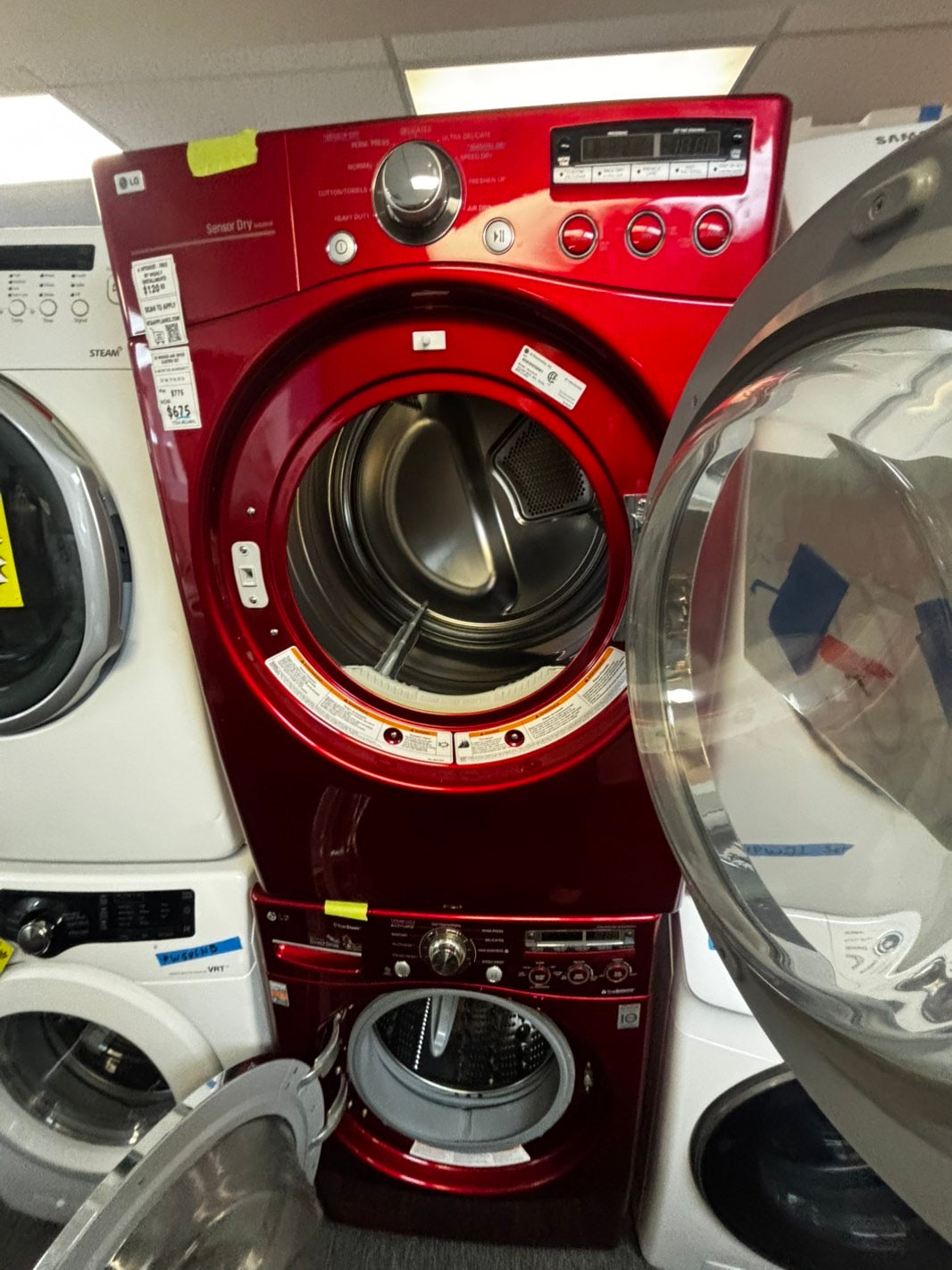 LG front load red washer & dryer set stackable or side by side electric 220v stackable large capacity #LGWDS994HL