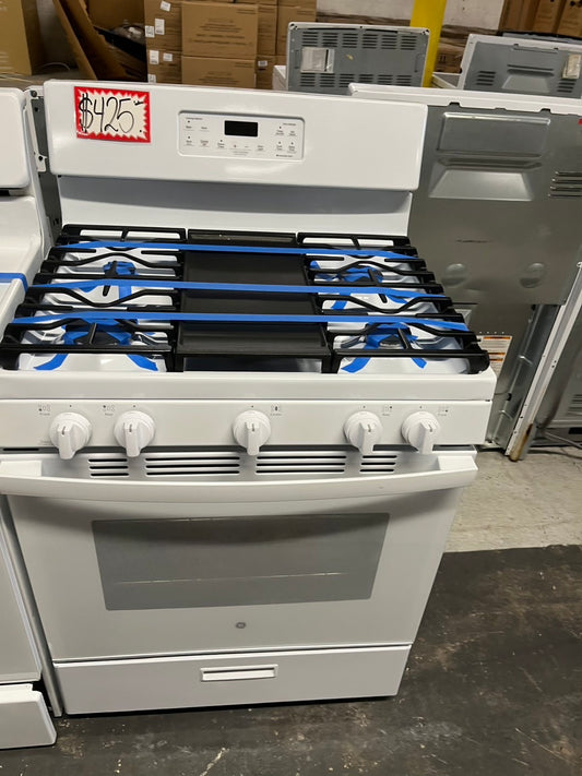 =GE Gas range 5 burner bake Temp Recall broil hi/lo in white used-Refurbished 30" #GEGT19B