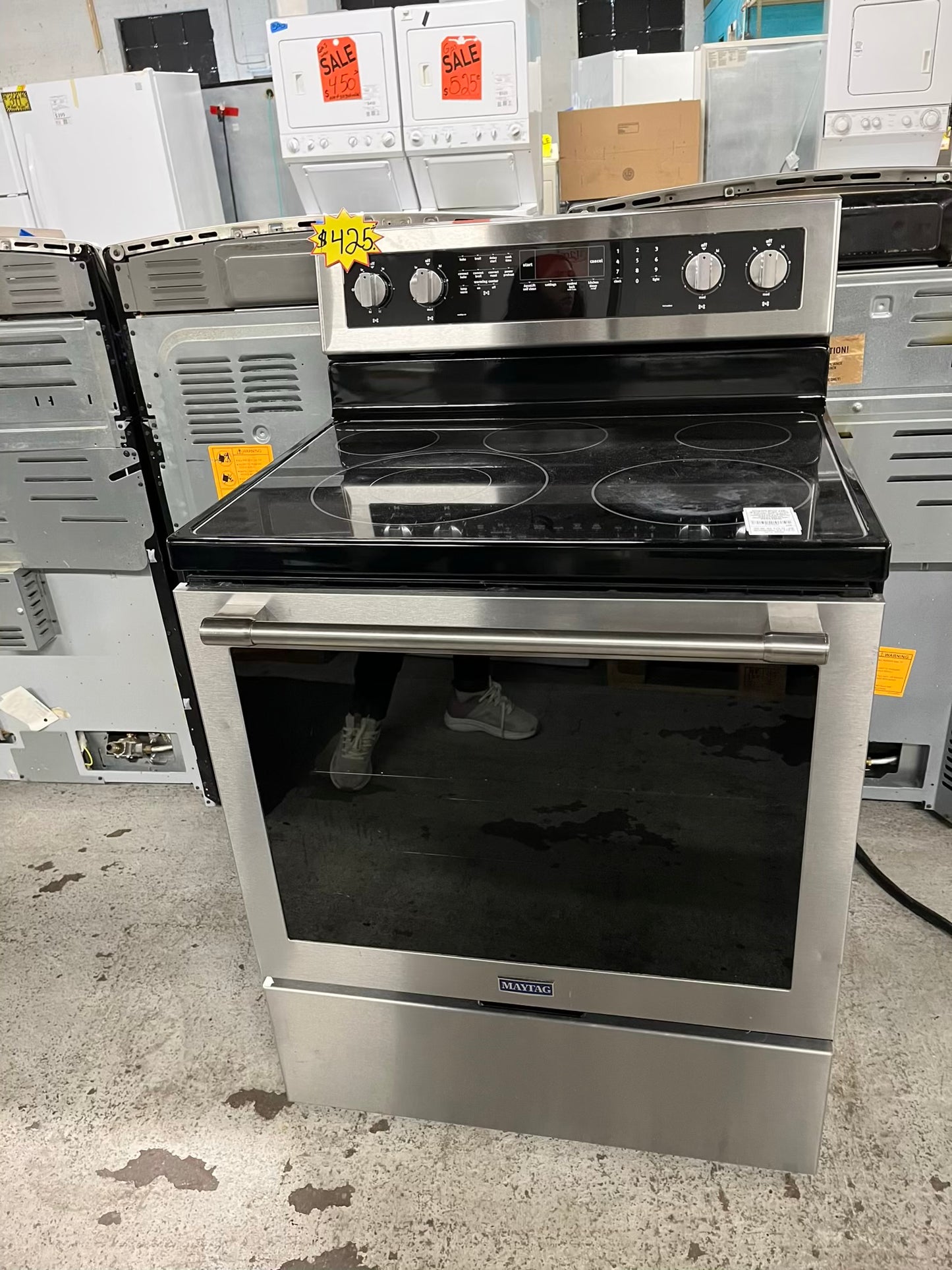 -Maytag glass top electric range 220v 5 burner warm zone convection bake roast broil self clean Refurbished stainless steel 30" #ER338NB