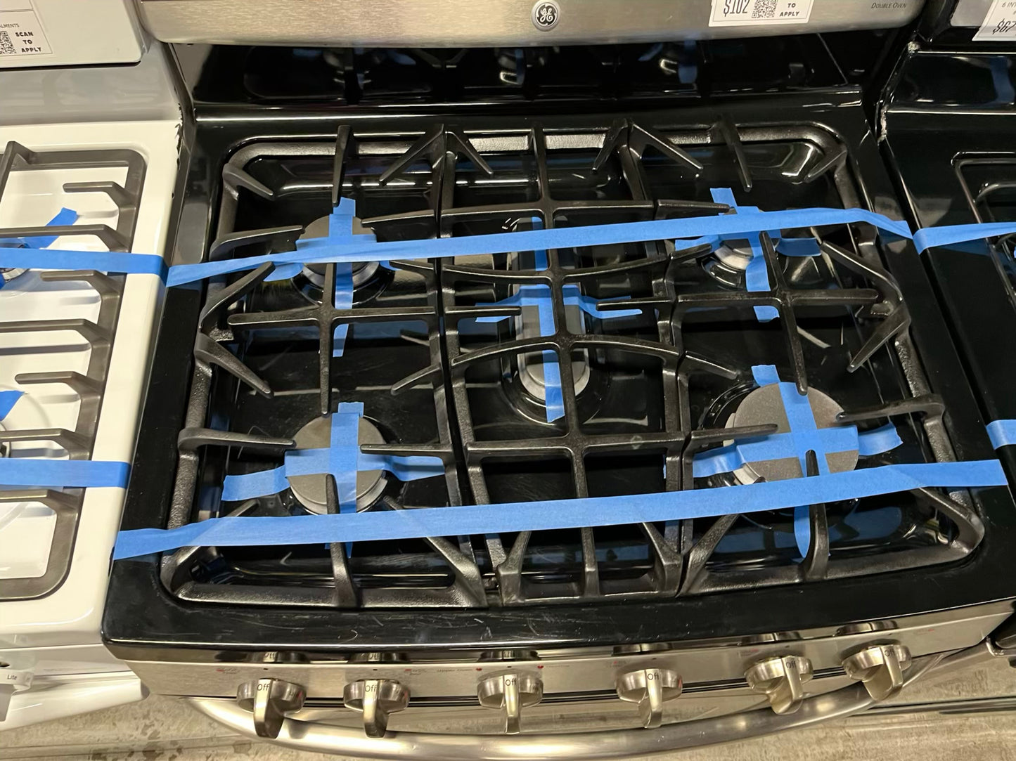 - GE gas range 5 burner double oven convection bake broil stainless steel self clean Refurbished 30" #GR208FB