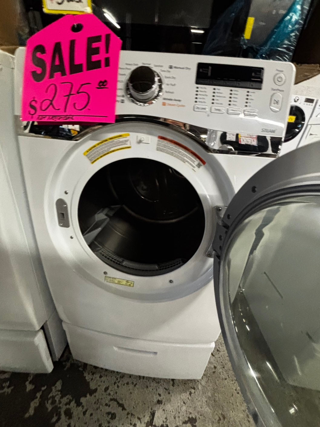 -Samsung Dryer steam electric 220v in white front load w/pedestal extra storage stainless steel drum large capacity 27" refurbished #ED3233VB
