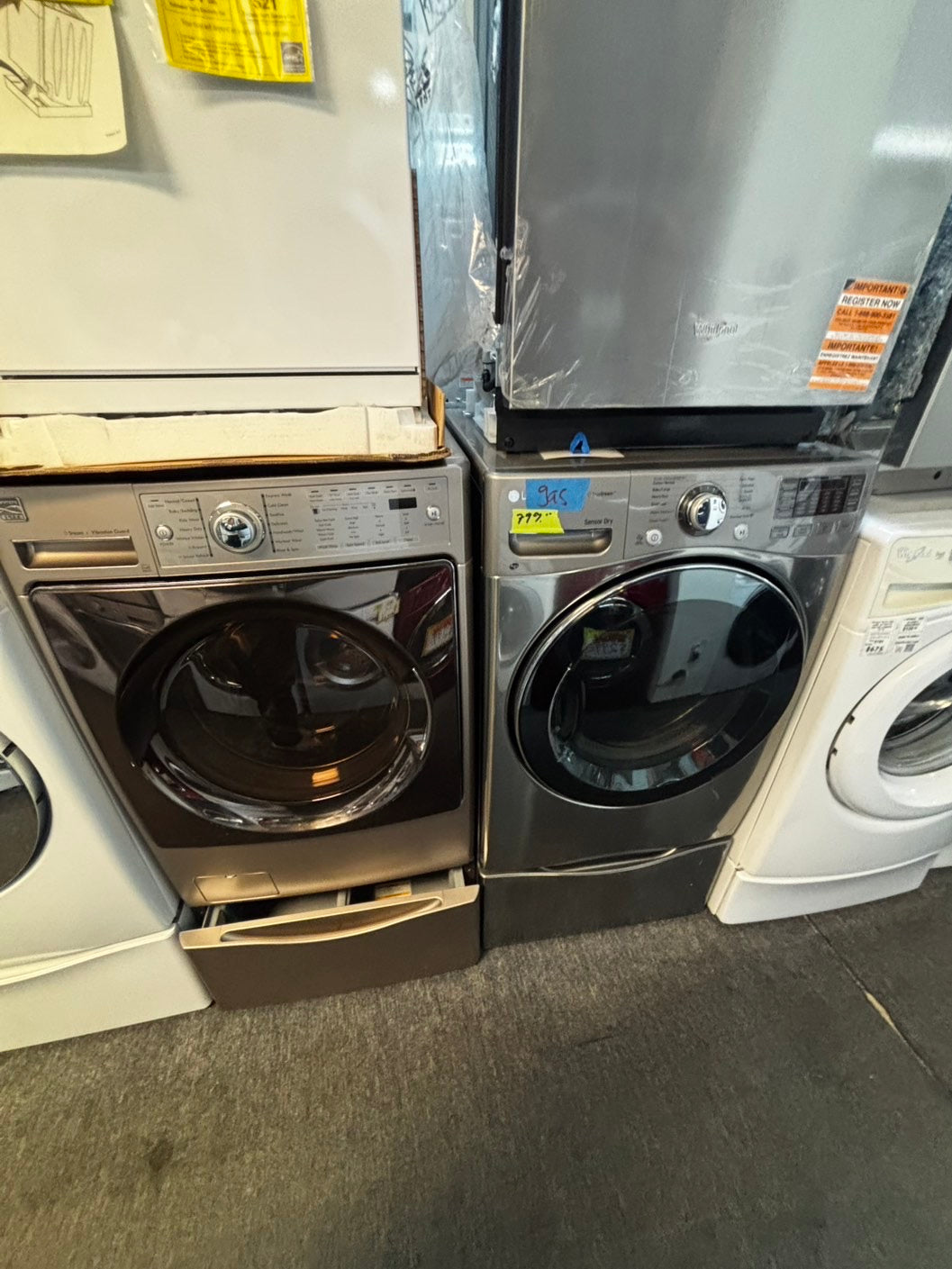 Mix & match set Kenmore washer & LG dryer gas set front load stackable or side by side large capacity stalnless steel drum w/pedestal extra storage 27" Refurbished #WDMX23L