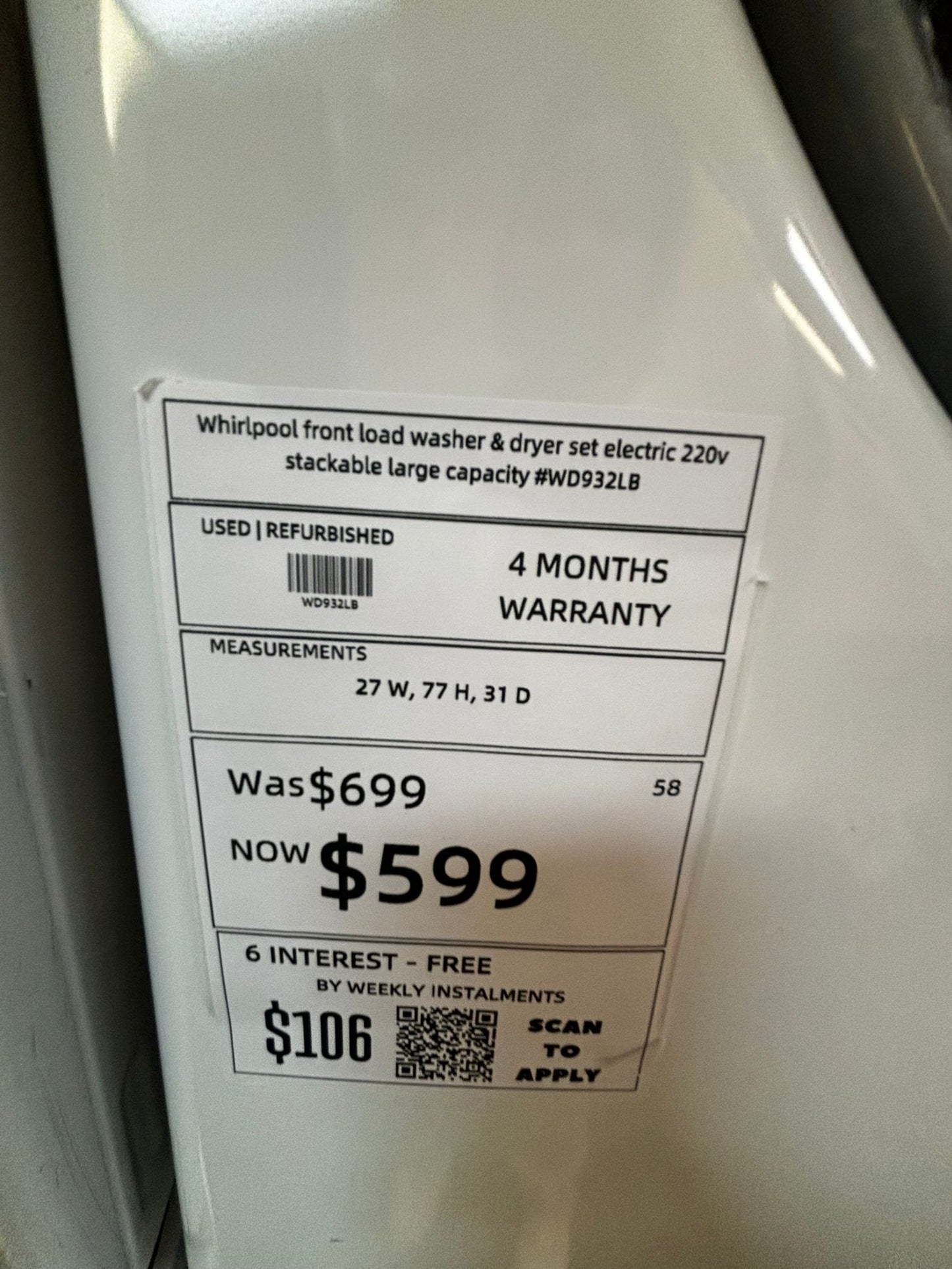 Whirlpool front load washer & dryer set electric 220v stackable large capacity #WD932LB