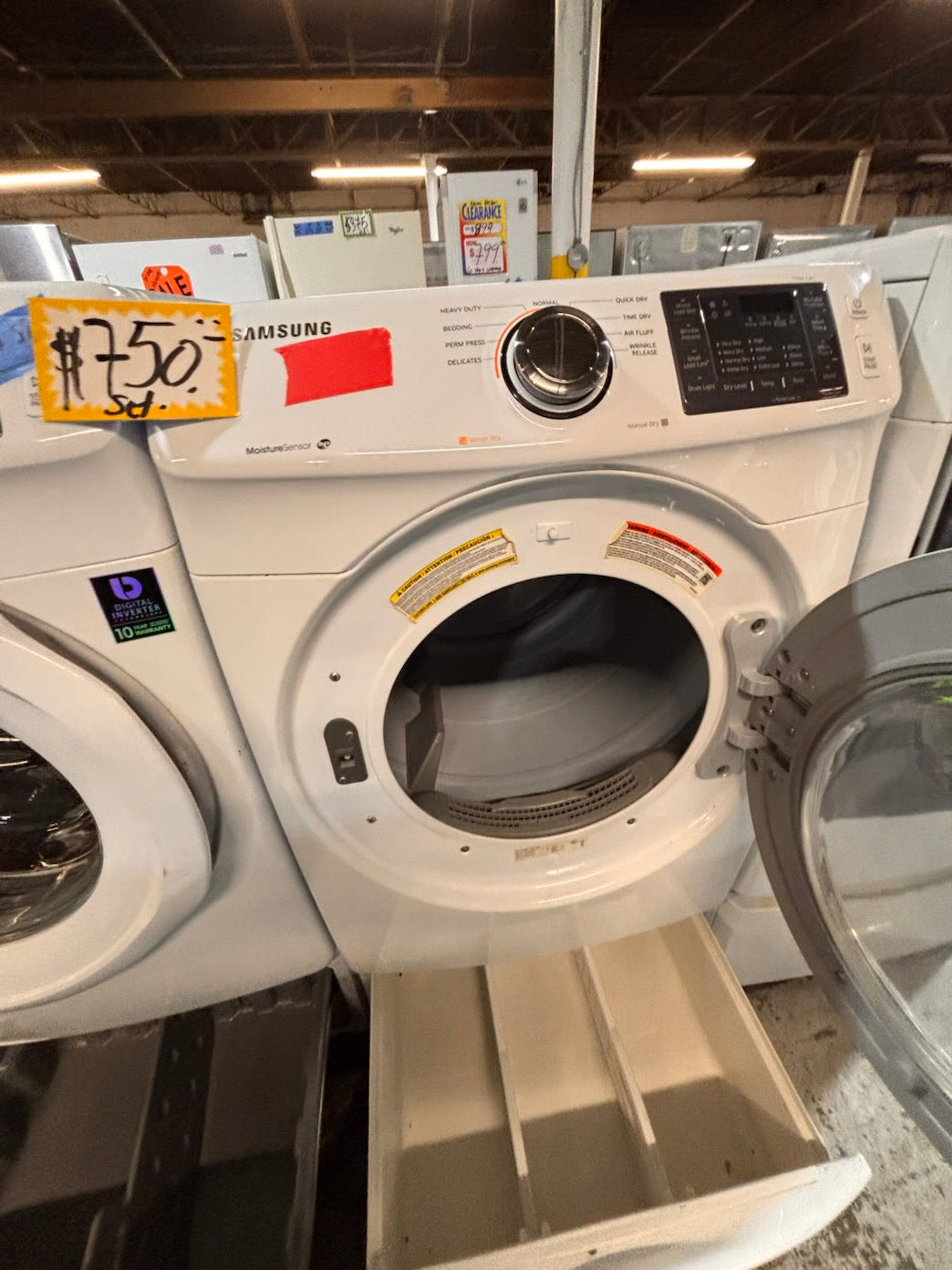 }}Samsung used- refurbished front load electric 220v dryer & washer large capacity with pedestals in white color 27” working 💯 with warranty #FLSG427B