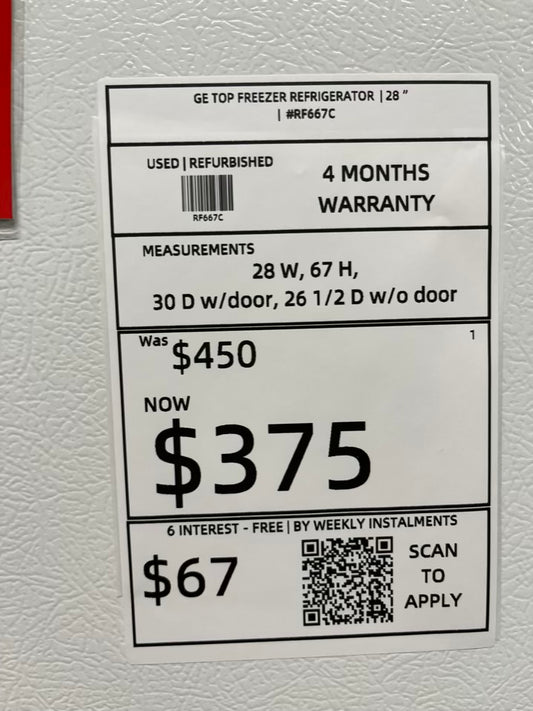 - GE Top freezer Refrigerator white | Item number #RF667C 28” in Refurbished