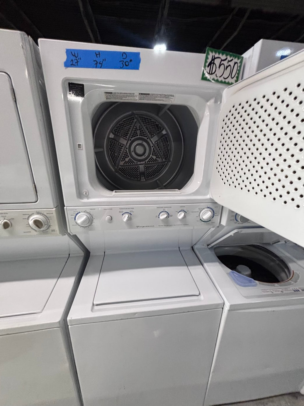 } Frigidaire used- refurbished stacked laundry center Electric 220v washer & dryer unit in white 27" #LC27W13B