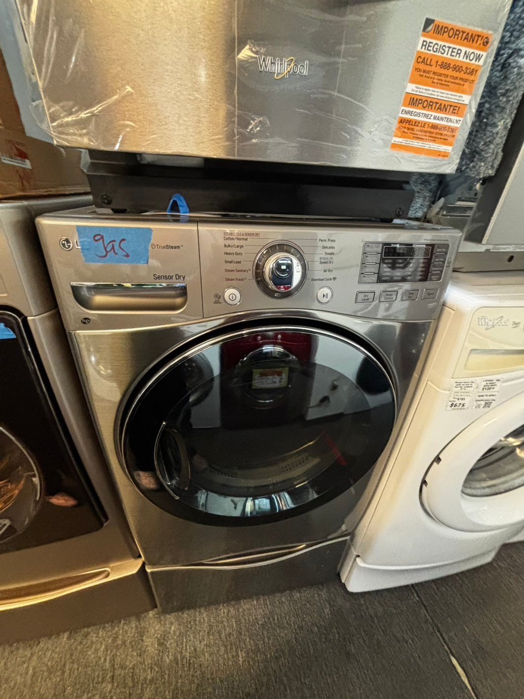 -LG GAS Dryer front load w/pedestal extra storage 27" in used -Refurbished. #GD7833JL