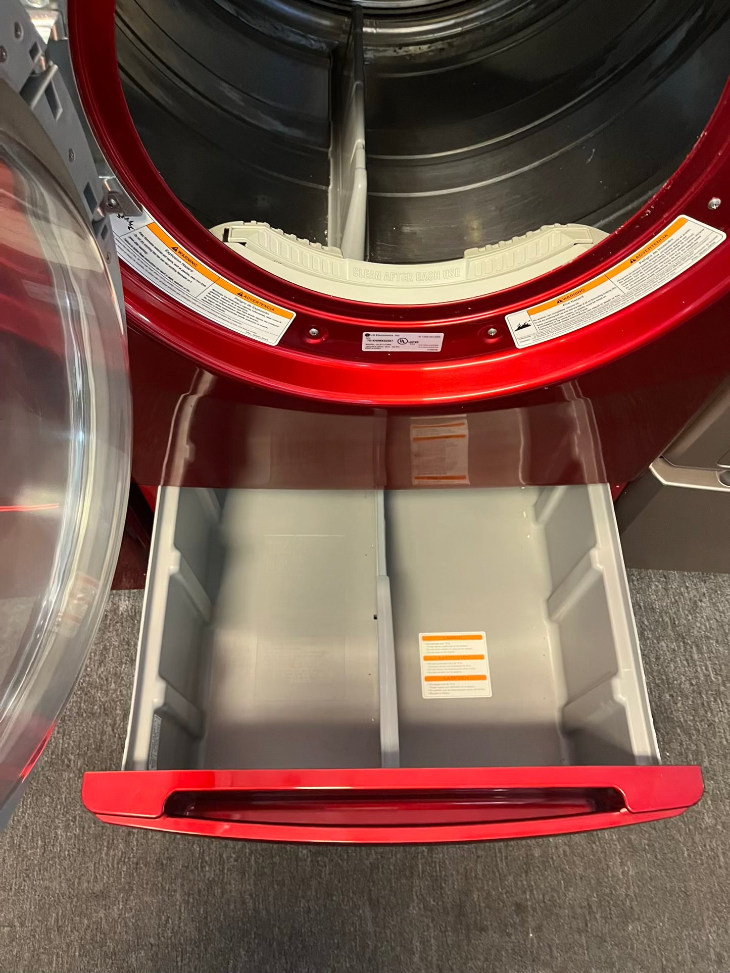 - LG front load washer & dryer set electric 220v large capacity w/pedestal extra storage in red 27” #WD783NL