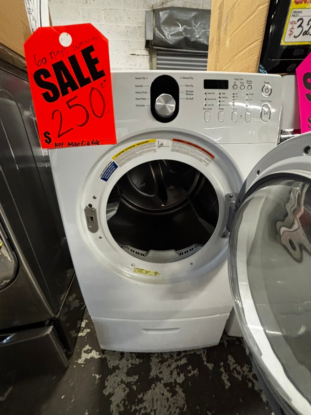 -Samsung Dryer electric 220v in white front load w/pedestal extra storage stainless steel drum large capacity 27" refurbished #ED3113VB