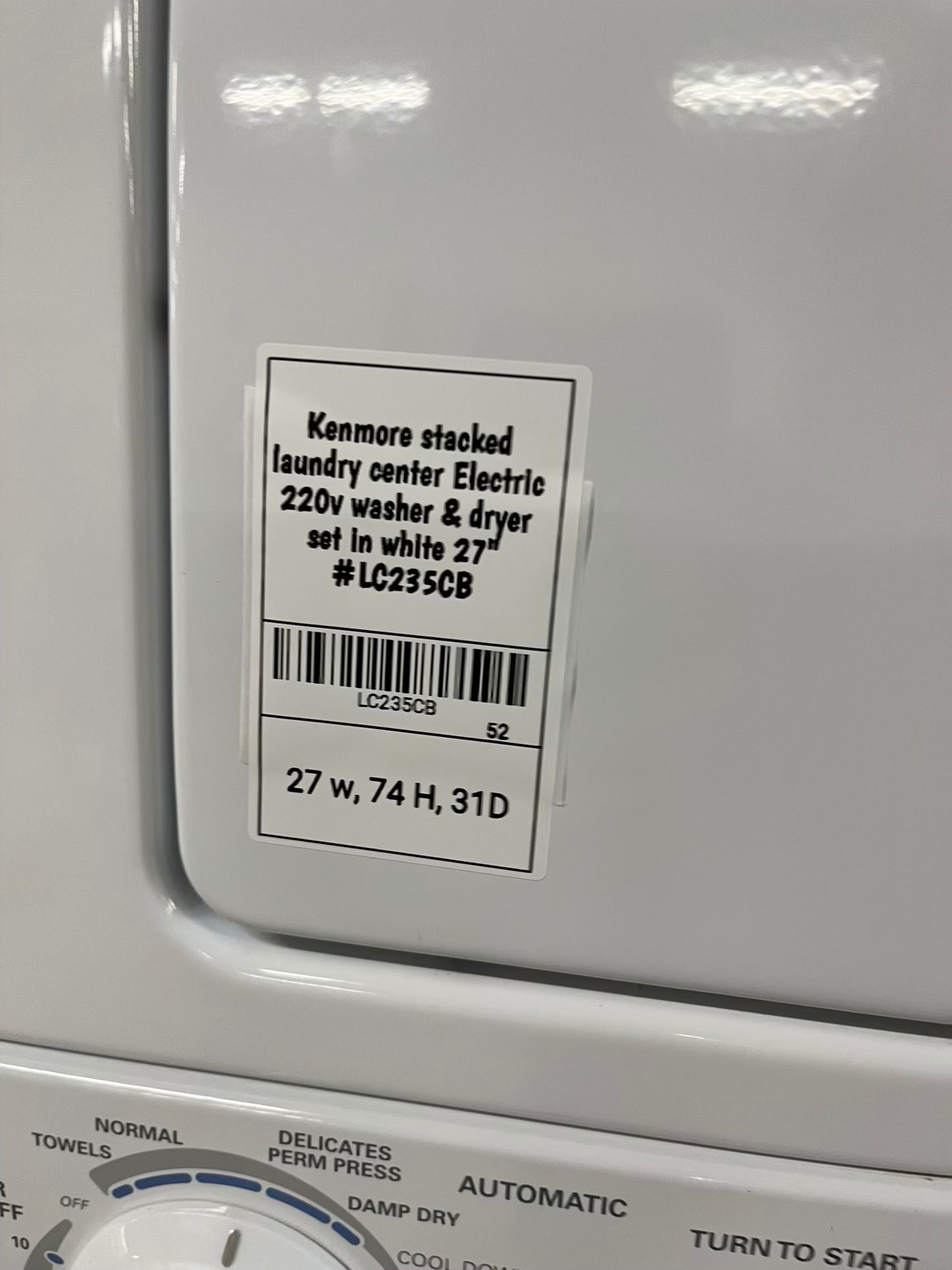 Kenmore stacked laundry center Electric 220v washer & dryer set in white 27' #LG235CB
