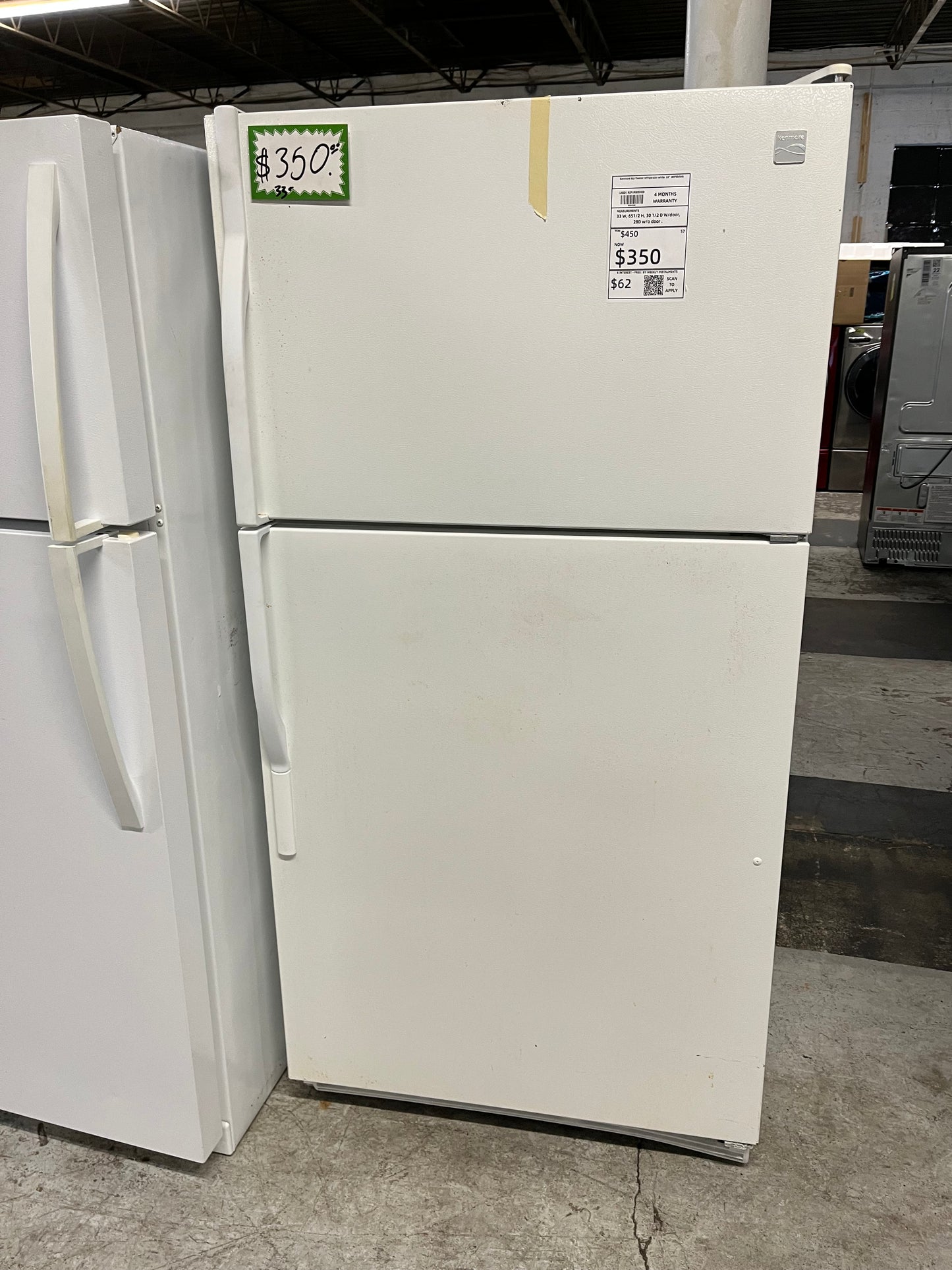 - Kenmore top freezer refrigerator white 33" #RF904WB Refurbished