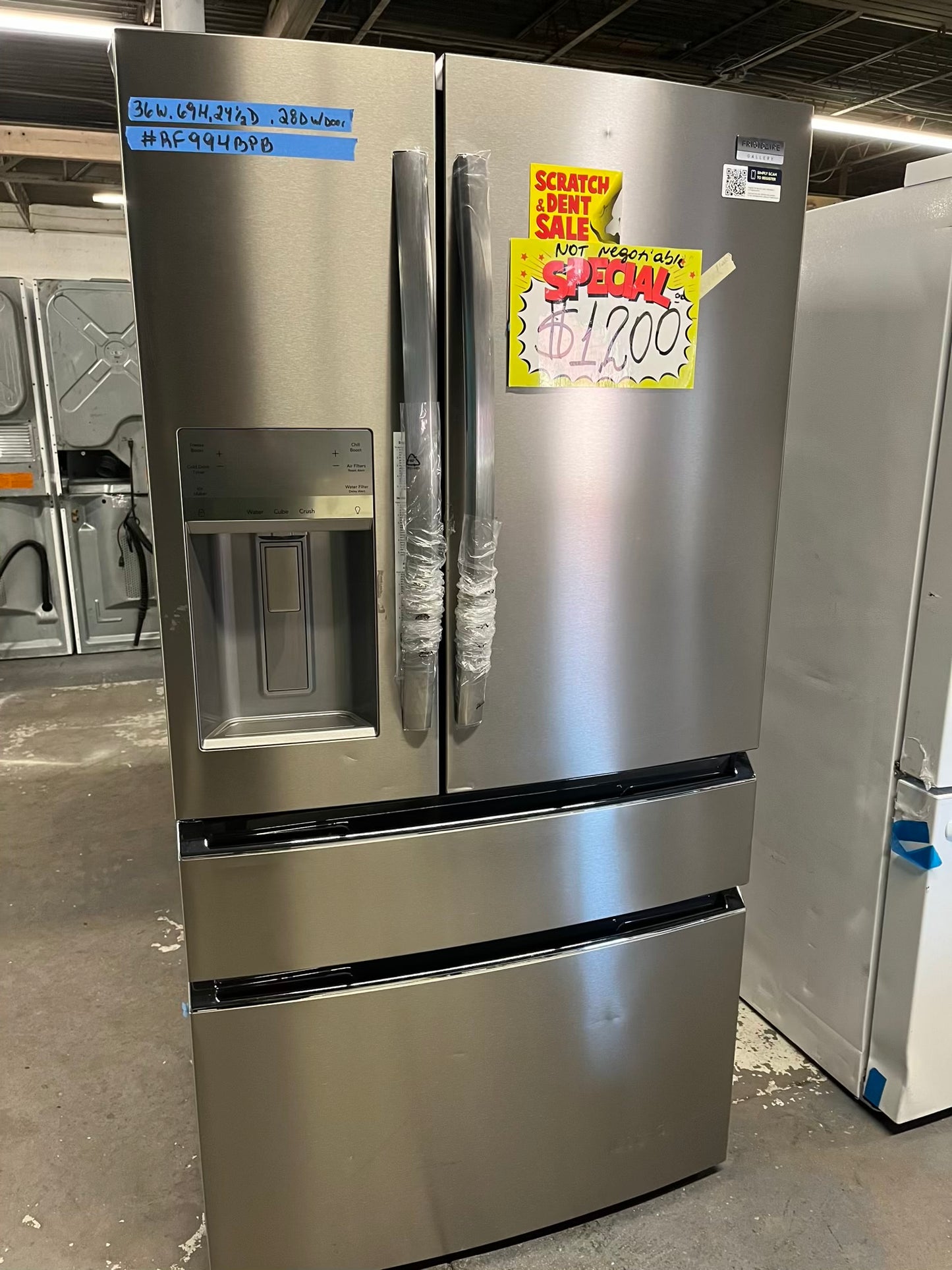 - Frigidaire Gallery four door refrigerator counter depth  stainless steel w/ice and water dispenser  used-refurbished 36”  #RF994BPB