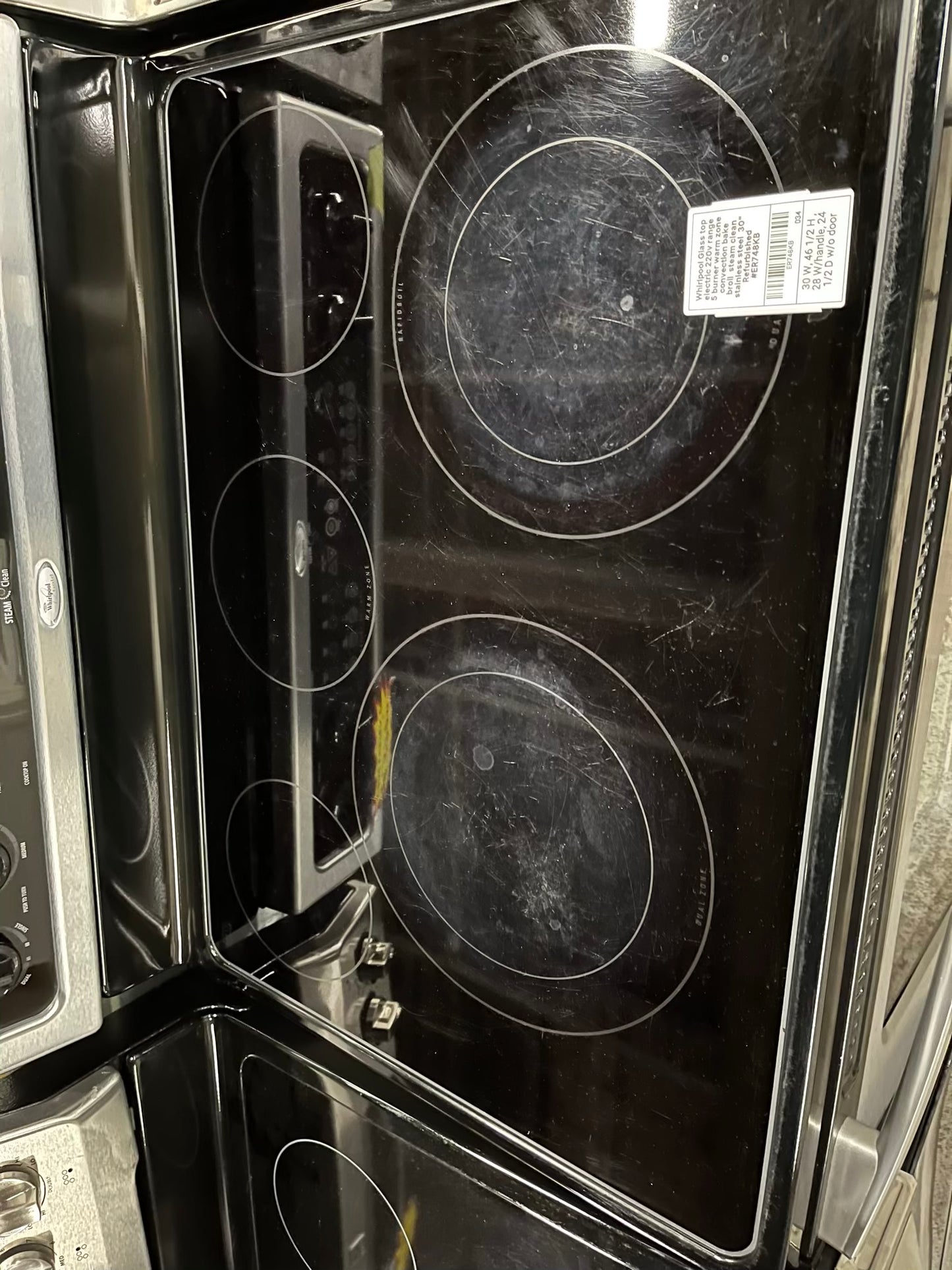 Whirlpool Glass top electric 220v range 5 burner warm zone convection bake broil steam clean stainless steel 30" Refurbished #ER748KB